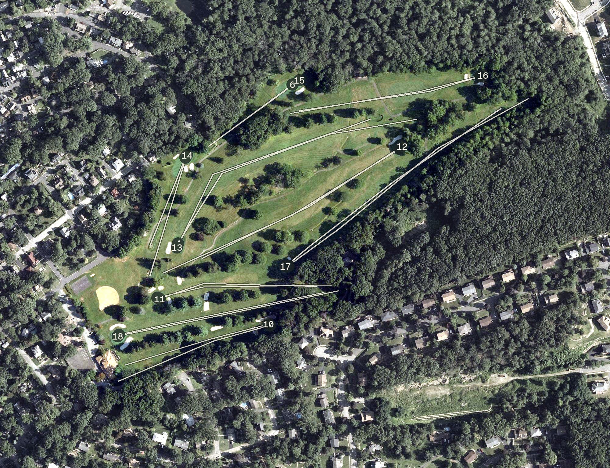 Aerial view of Mount Tabor Golf Course, NJ, with its hole routing marked