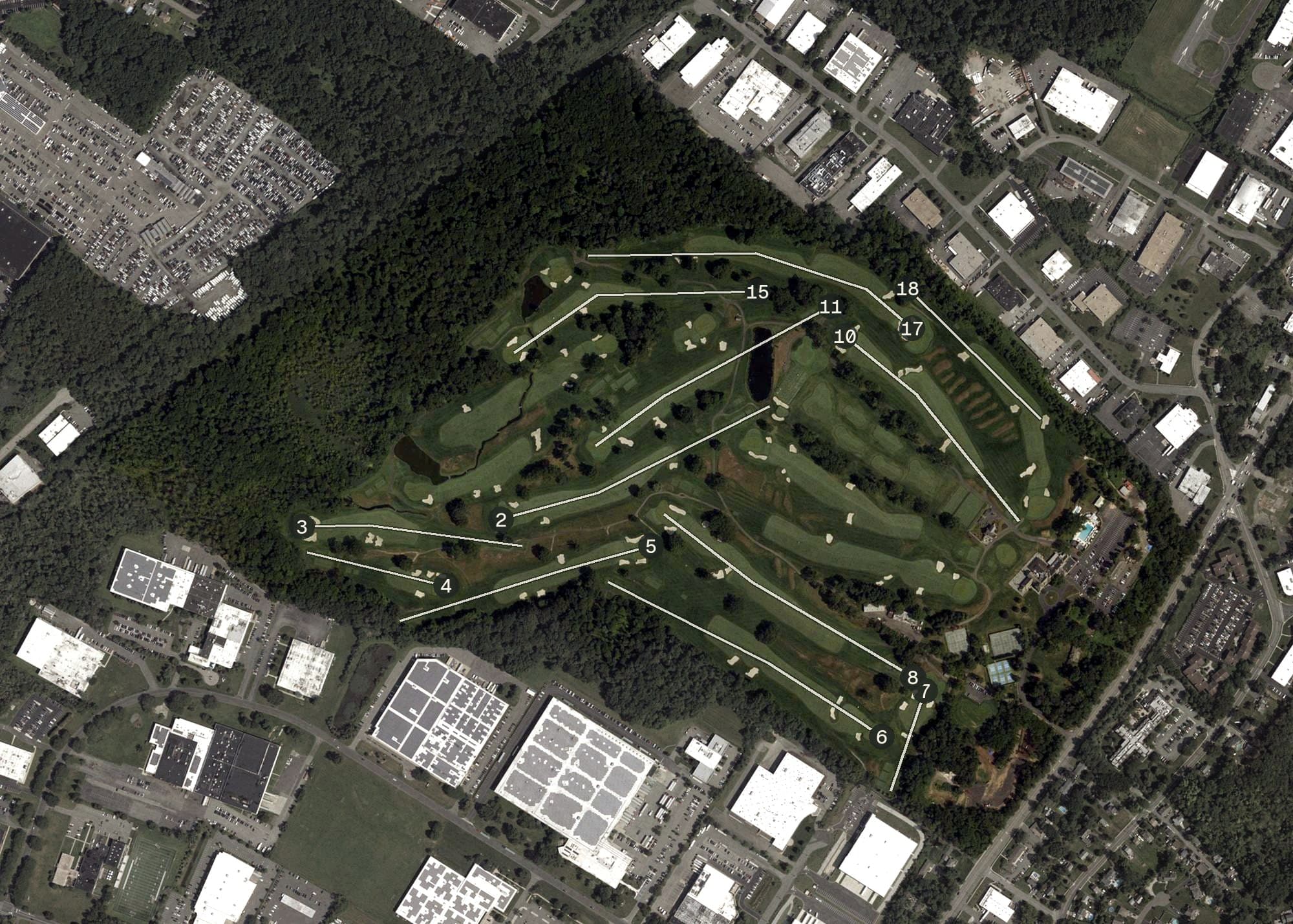 Aerial view of Mountain Ridge Country Club, NJ, with its hole routing marked