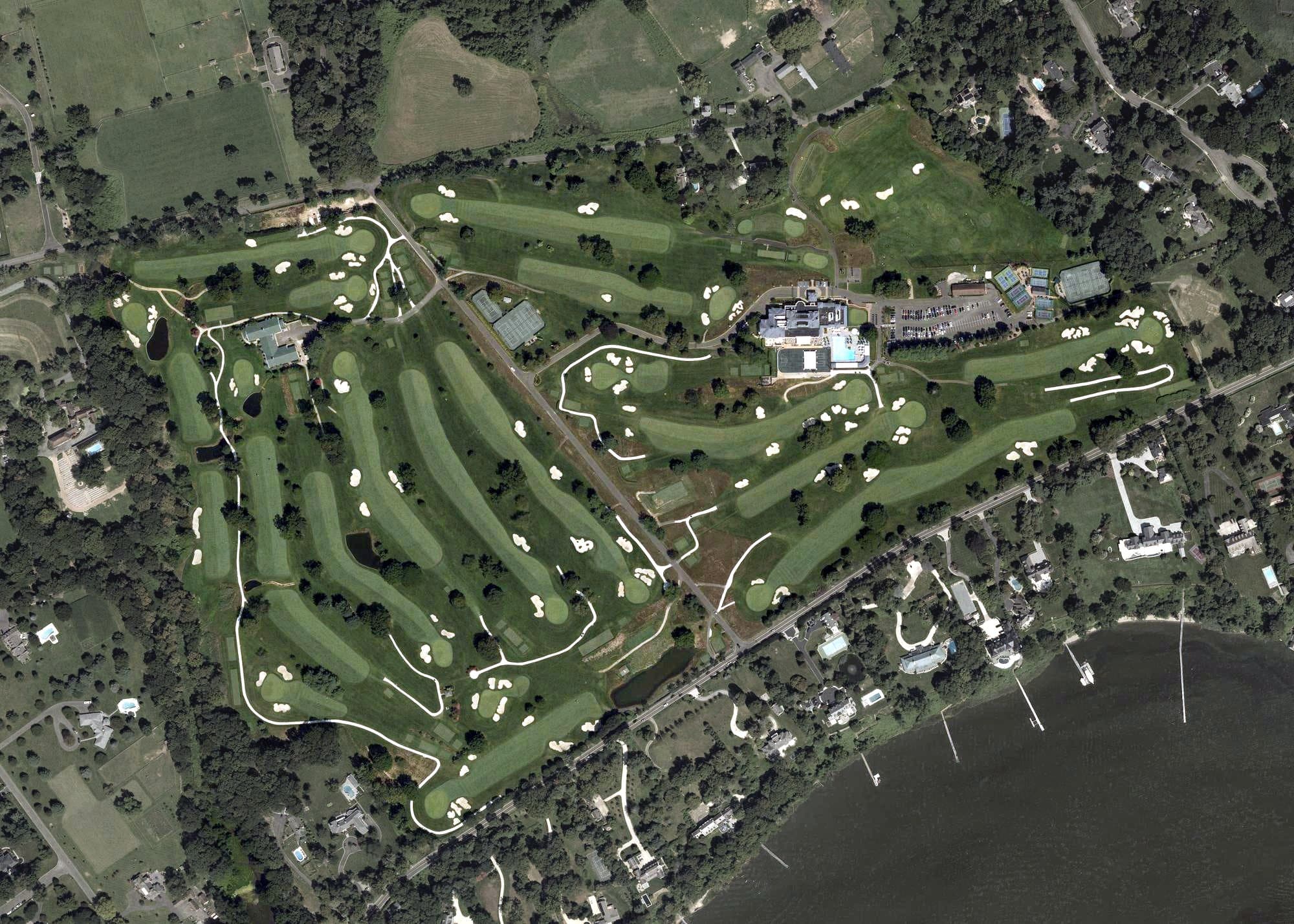 Aerial view of Navesink Country Club, NJ, with its hole routing marked