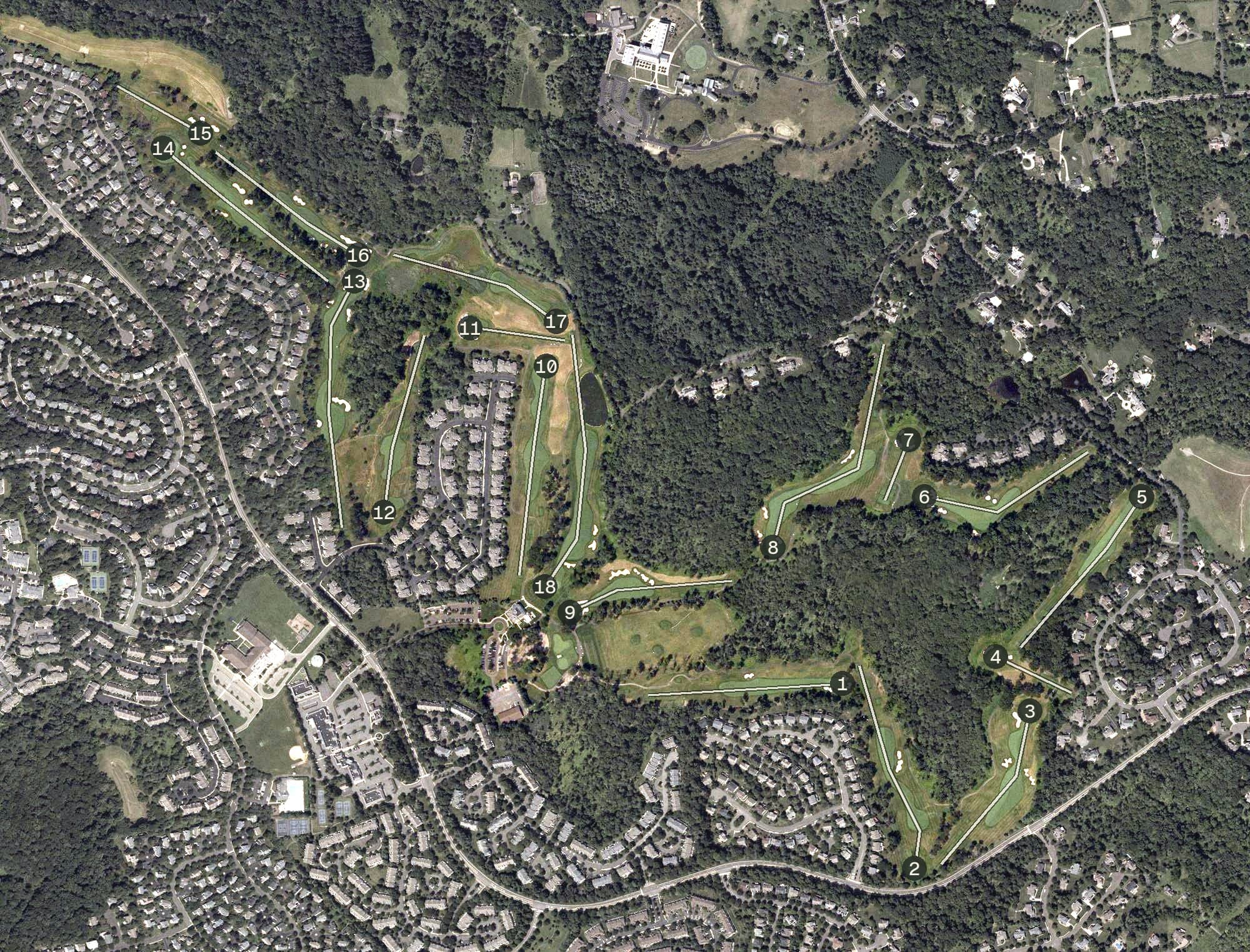 Aerial view of New Jersey National Golf Club, NJ, with its hole routing marked