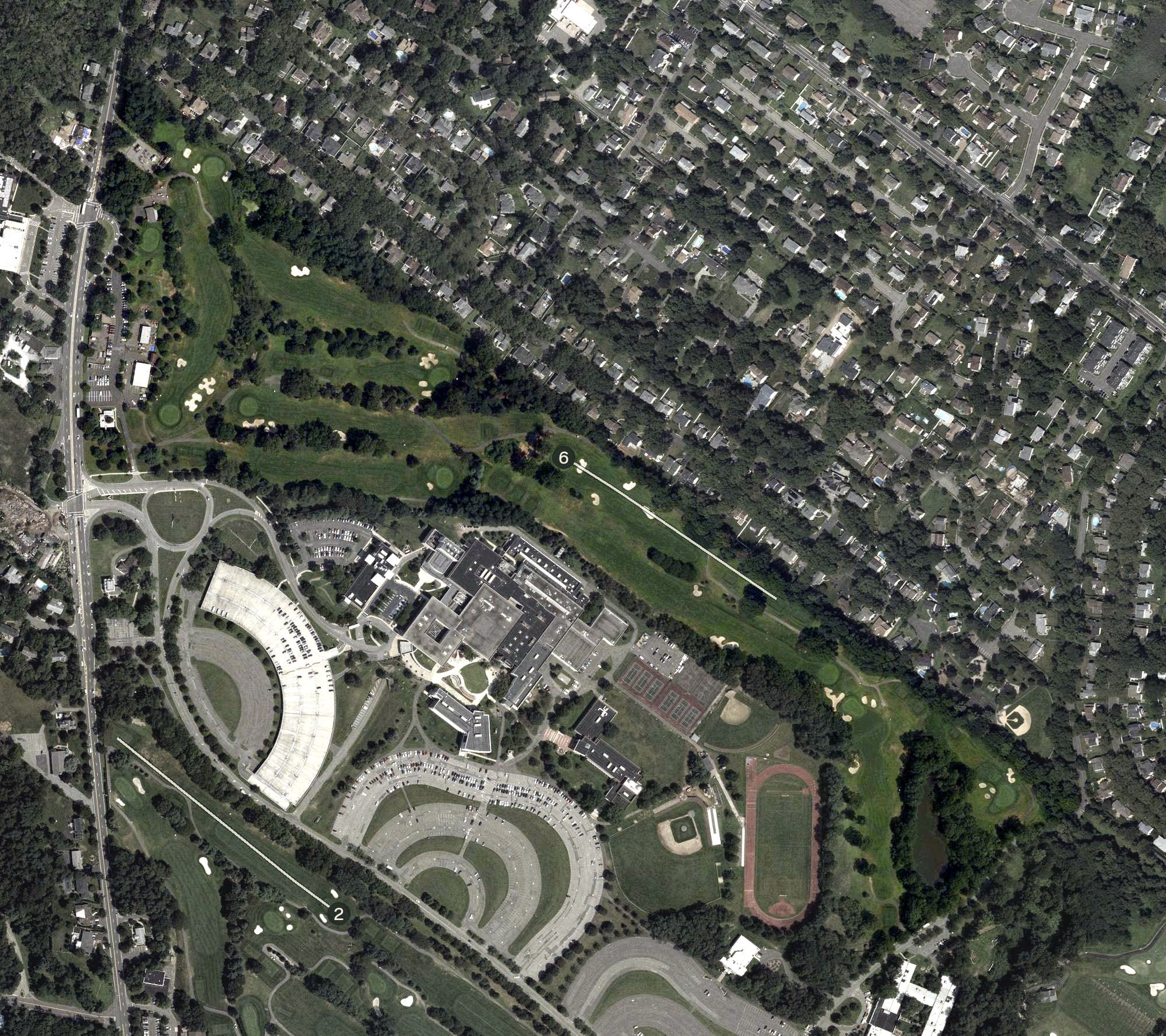 Aerial view of Orchard Hills Golf Course, NJ, with its hole routing marked