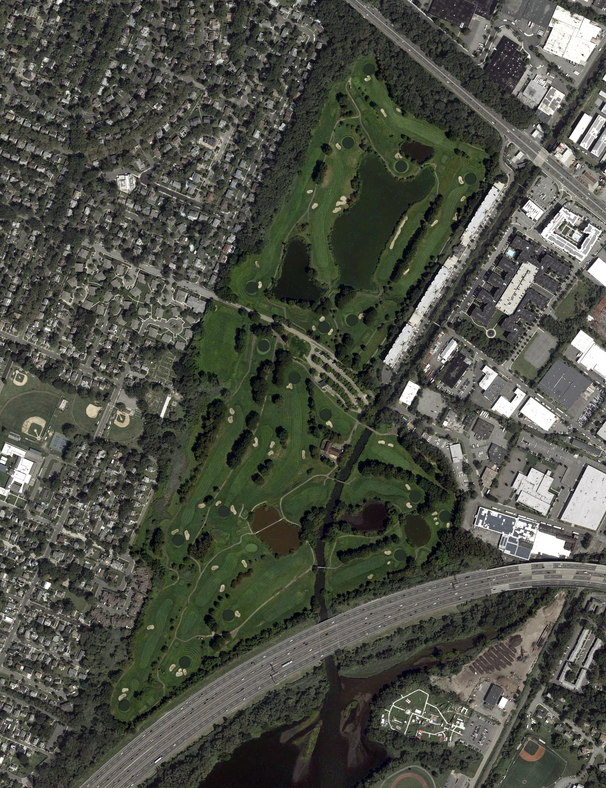 Aerial view of Overpeck Golf Course, NJ, with its hole routing marked