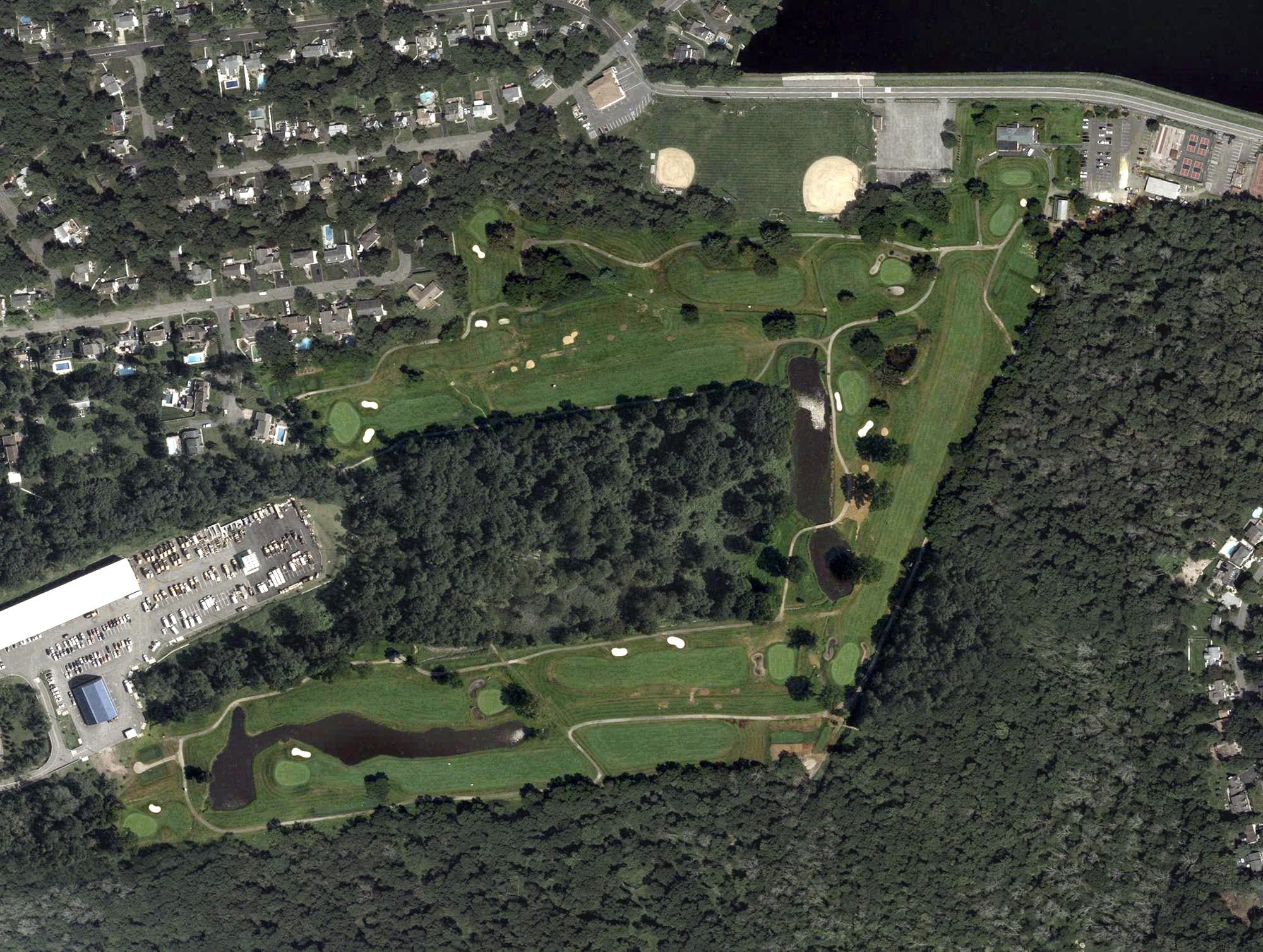 Aerial view of Packanack Golf Club, NJ, with its hole routing marked