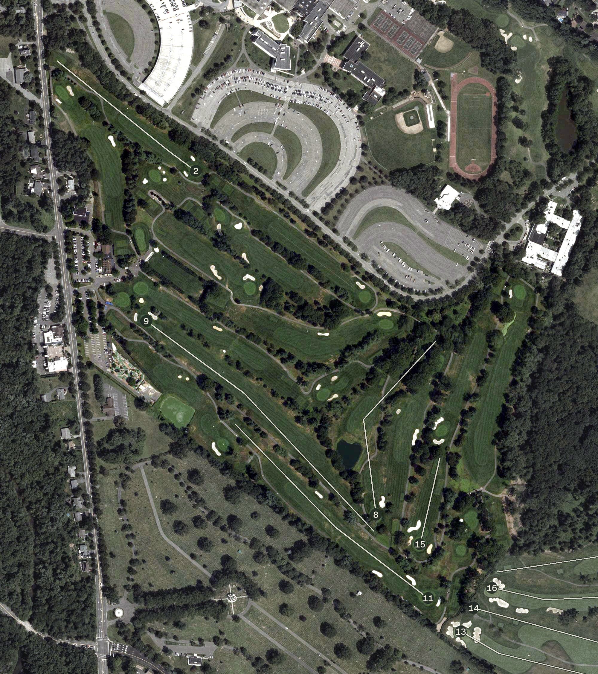 Aerial view of Paramus Golf Course, NJ, with its hole routing marked