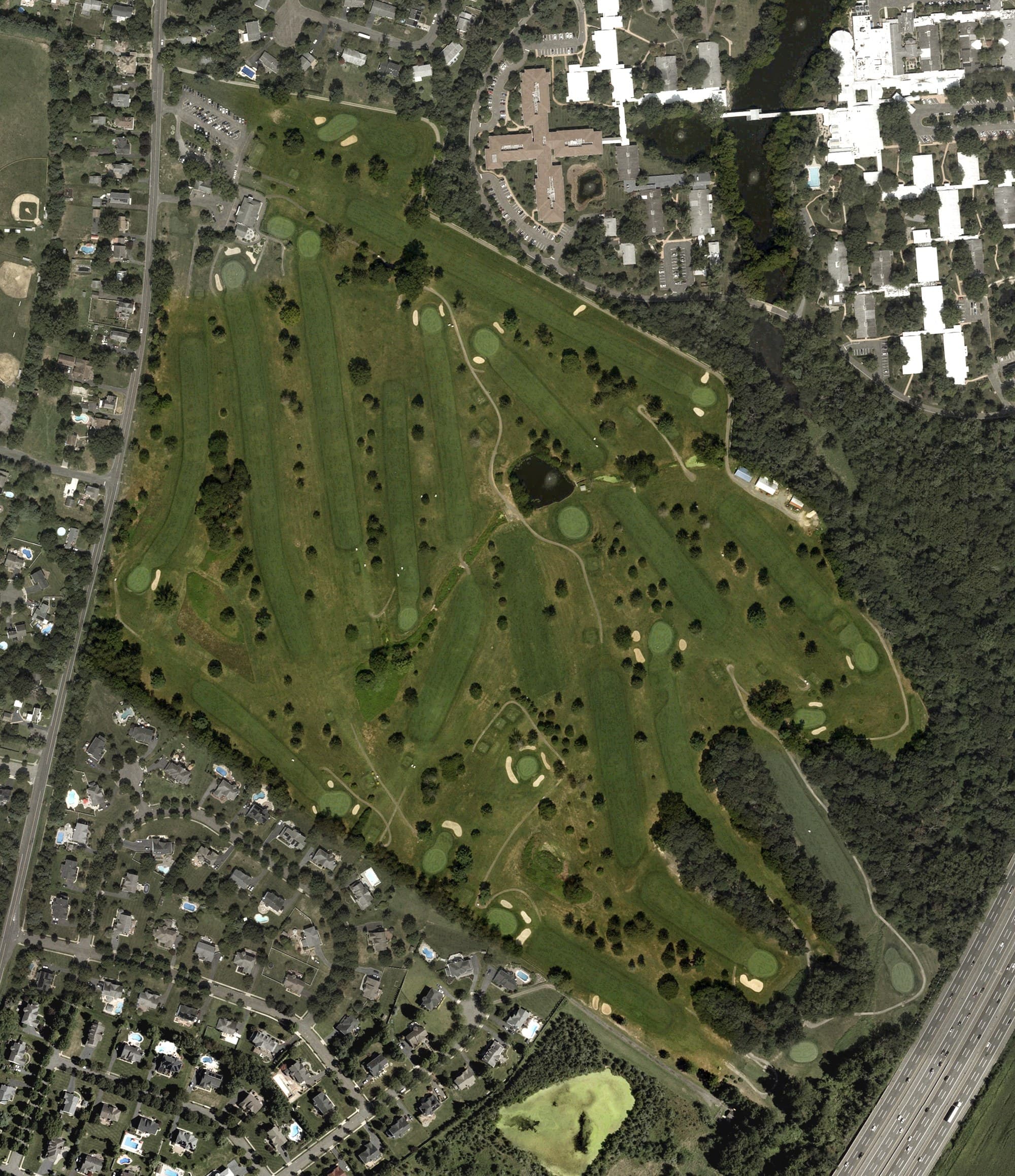 Aerial view of Peddie School Golf Course, NJ, with its hole routing marked