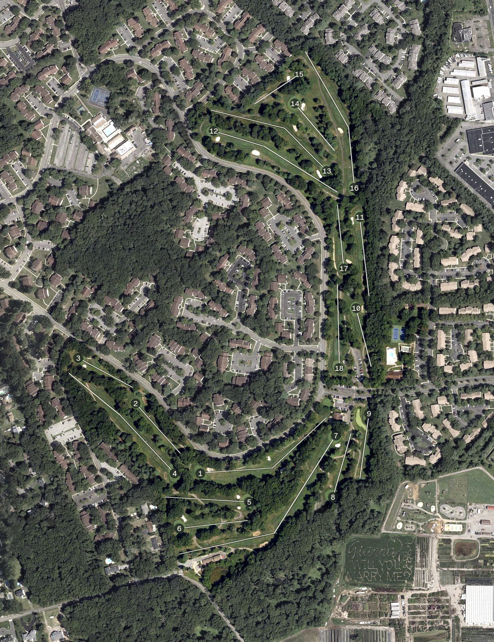 Aerial view of Pine Brook Golf Course, NJ, with its hole routing marked