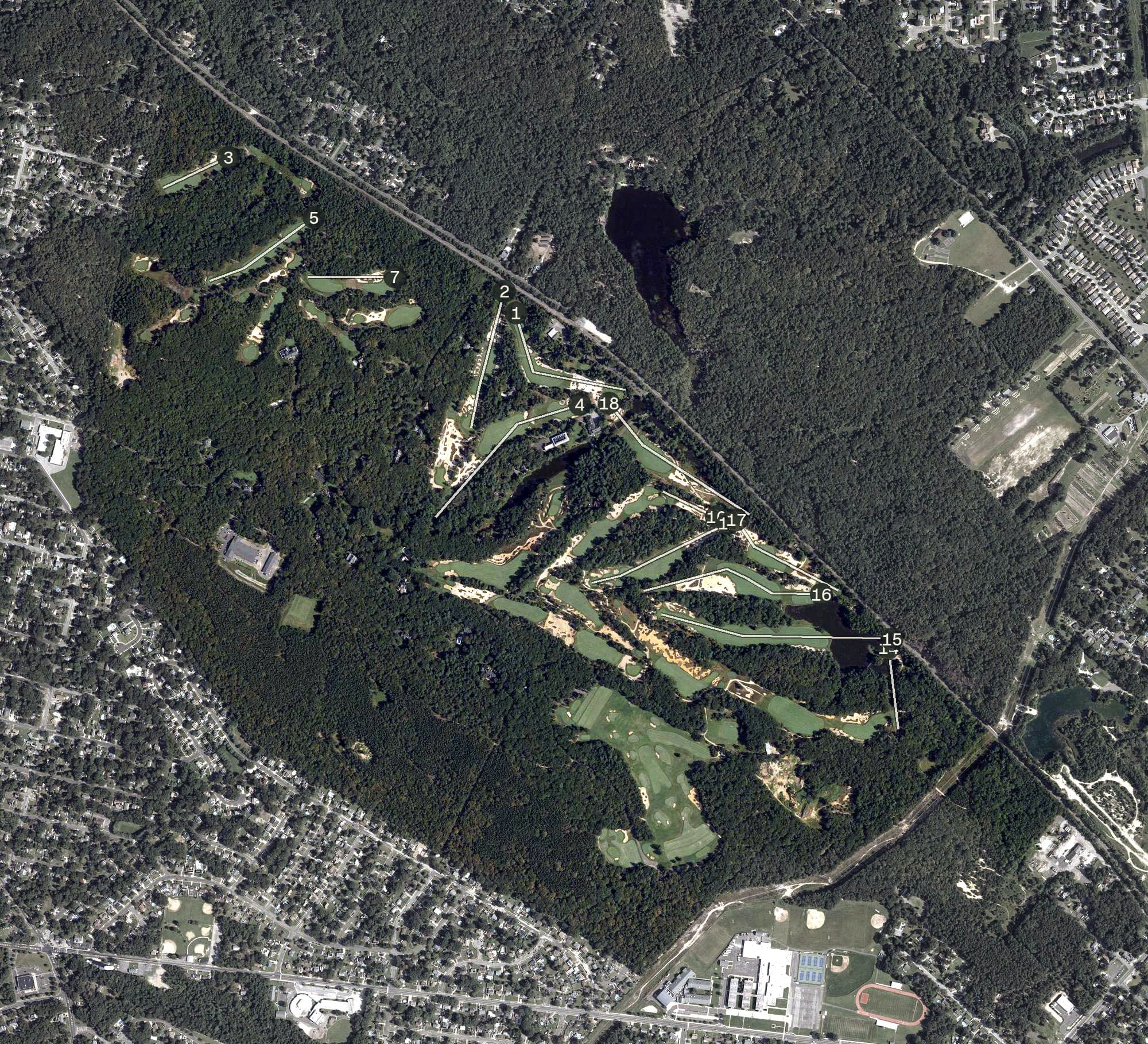 Aerial view of Pine Valley Country Club, NJ, with its hole routing marked