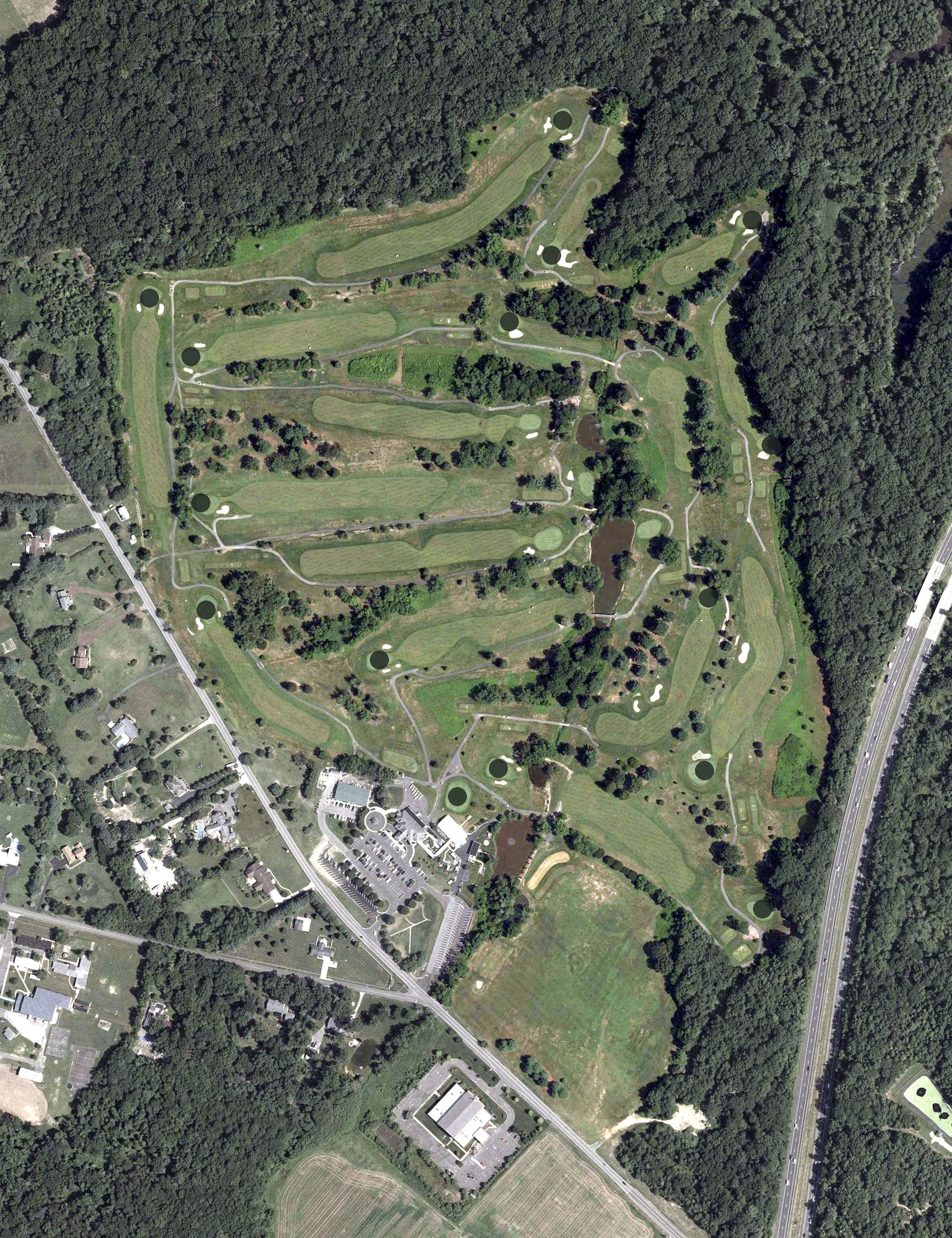 Aerial view of Pitman Golf Course, NJ, with its hole routing marked