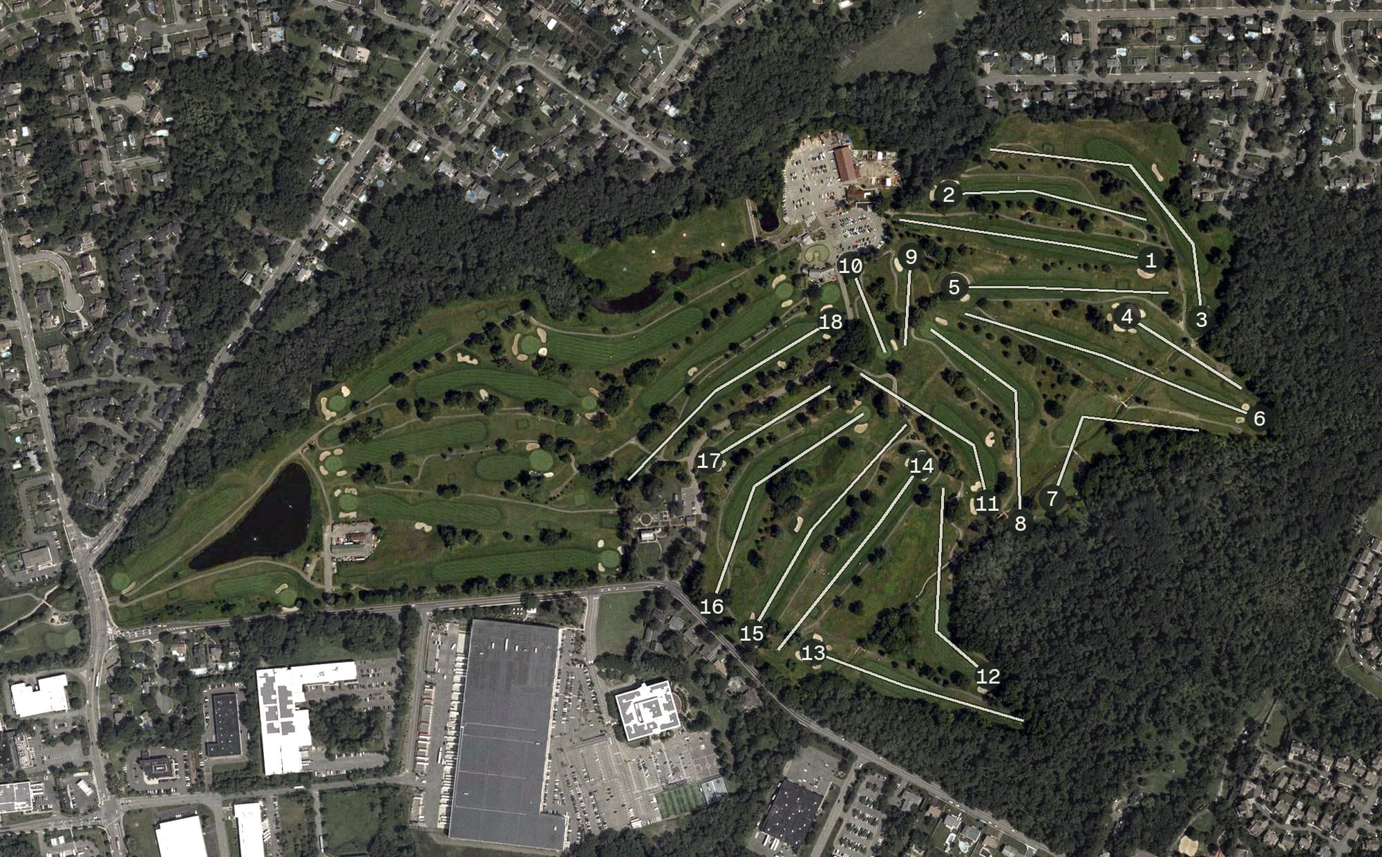 Aerial view of Preakness Valley Golf Course, NJ, with its hole routing marked
