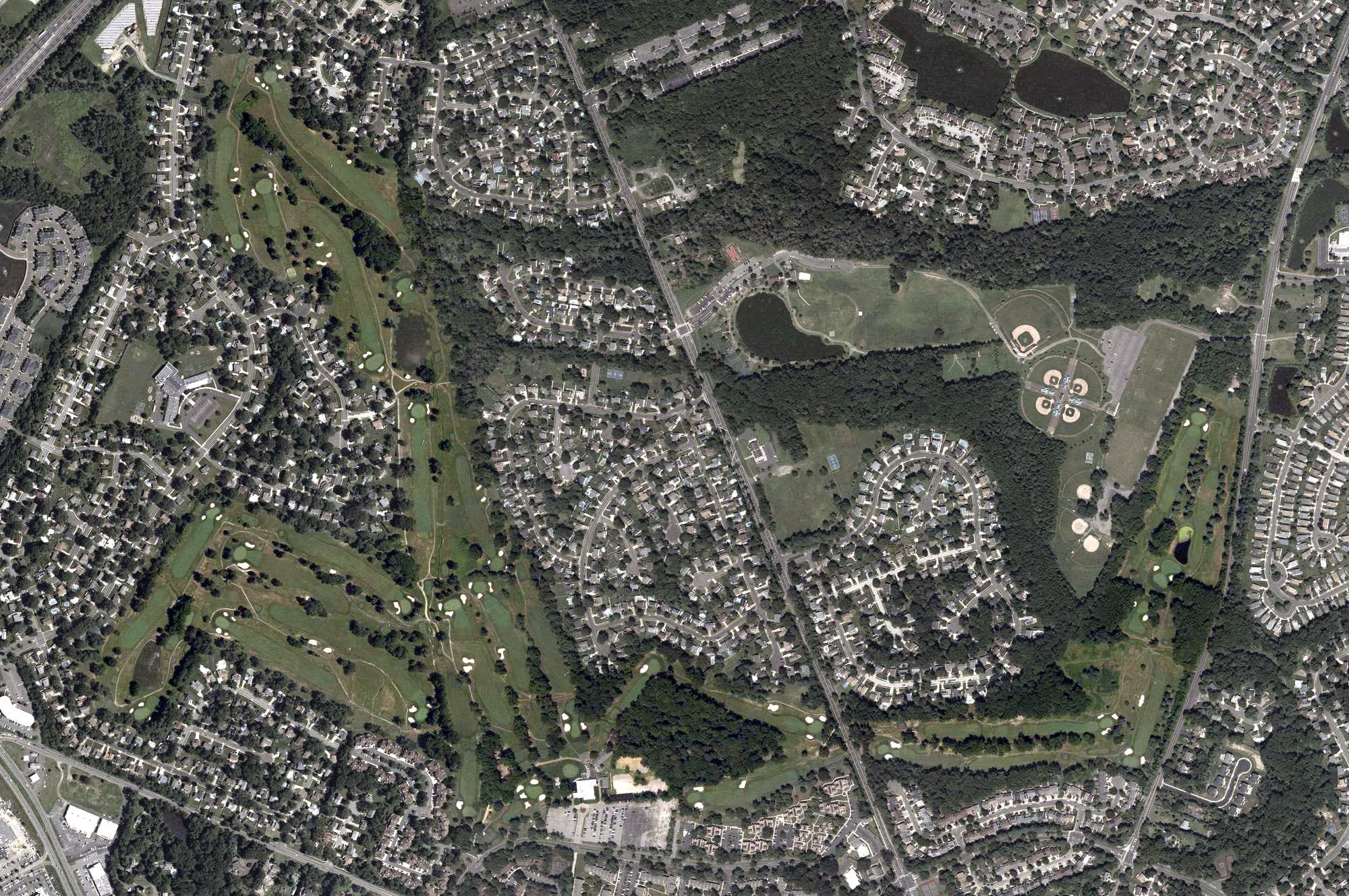 Aerial view of Ramblewood Country Club, NJ, with its hole routing marked