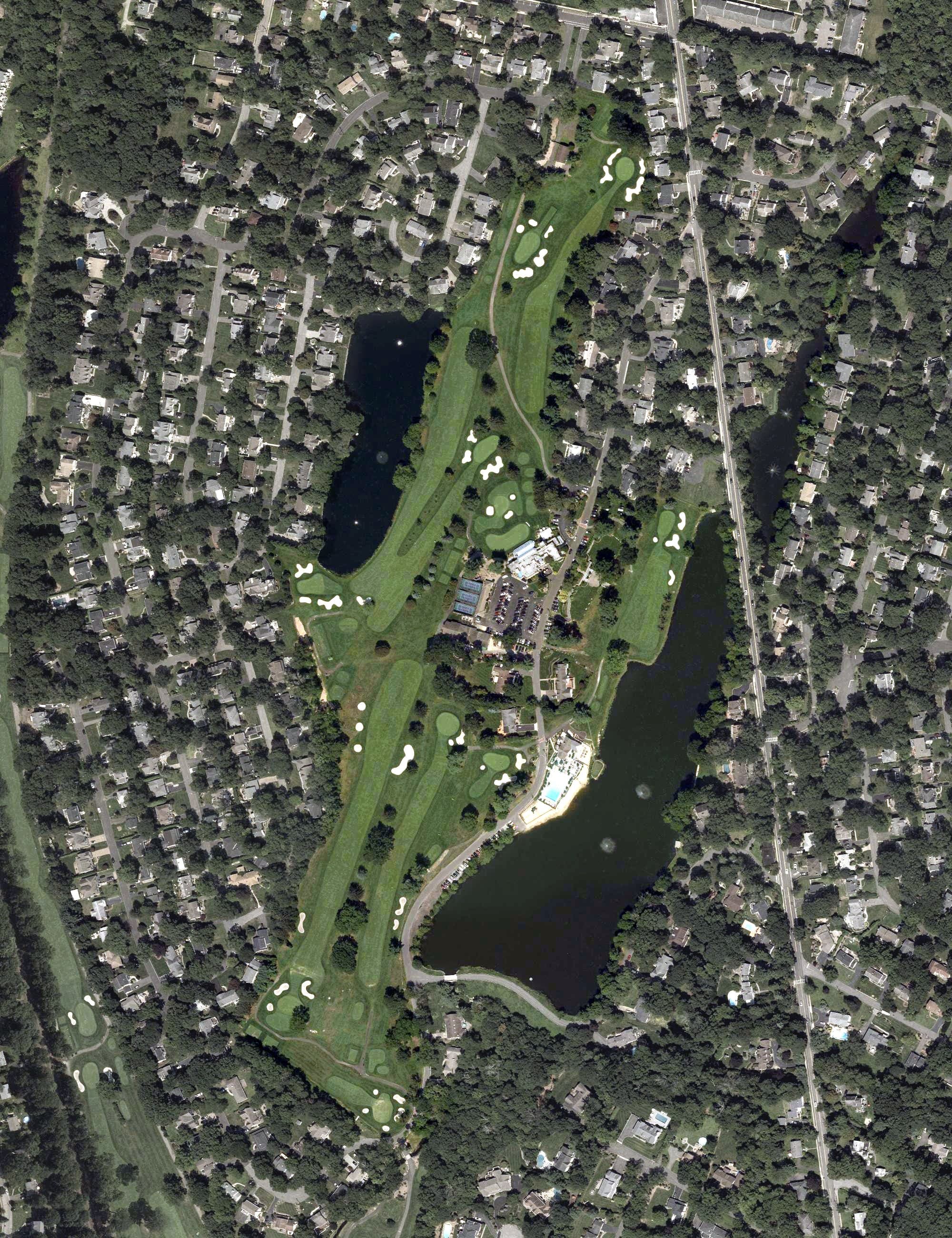 Aerial view of Ramsey Golf and Country Club, NJ, with its hole routing marked