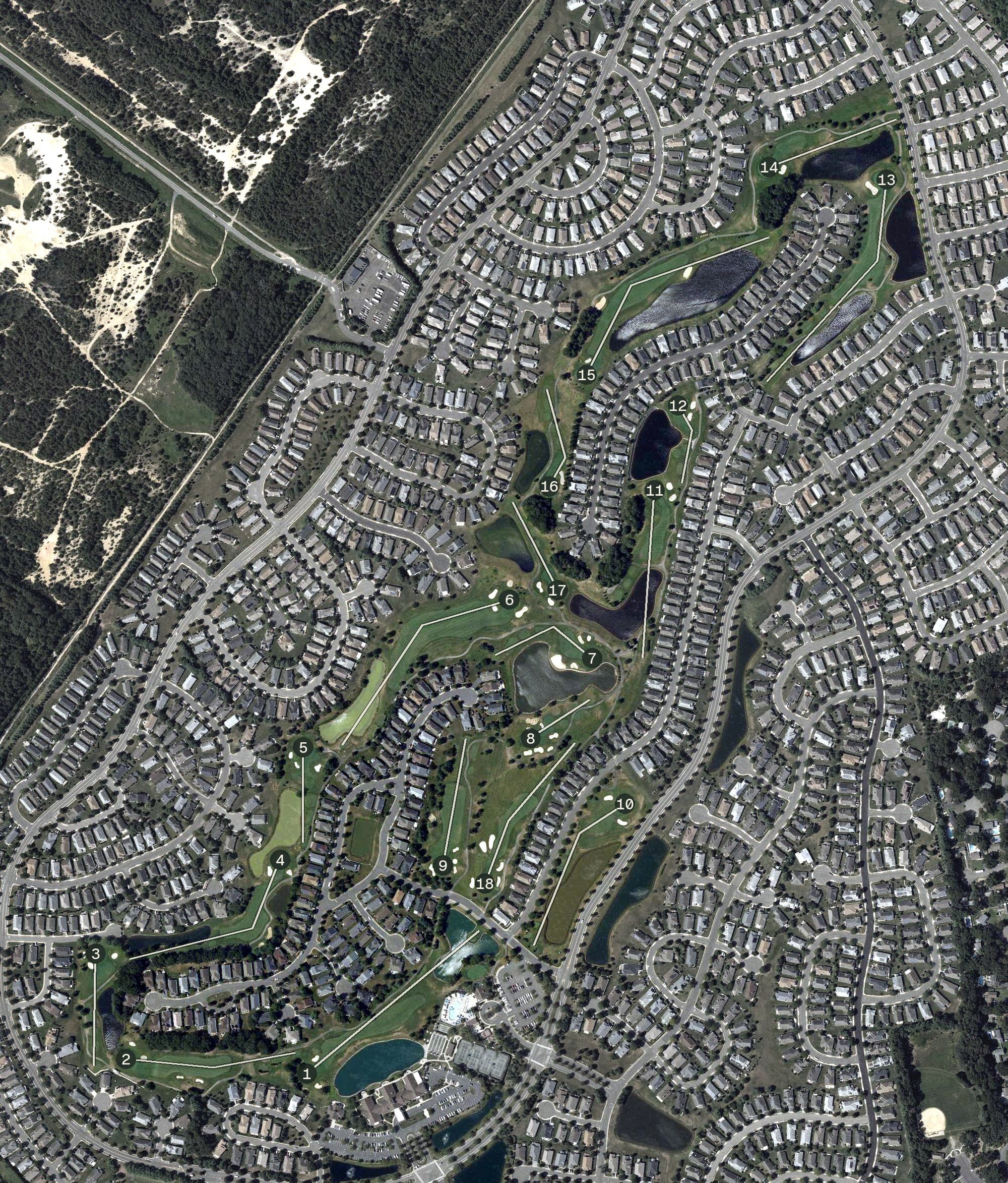 Aerial view of Renaissance Golf Course, NJ, with its hole routing marked