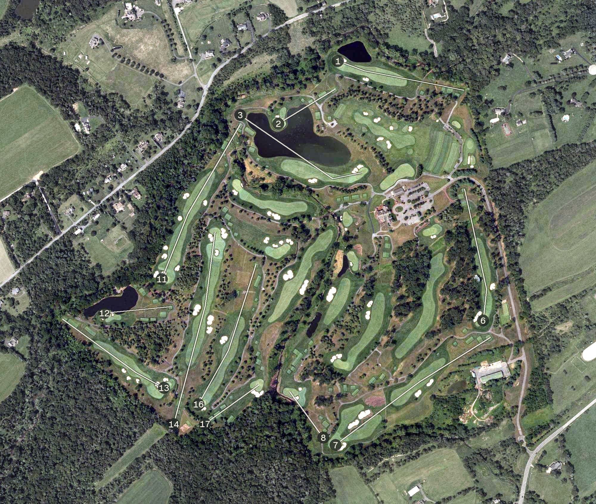Aerial view of Ridge at Back Brook, NJ, with its hole routing marked