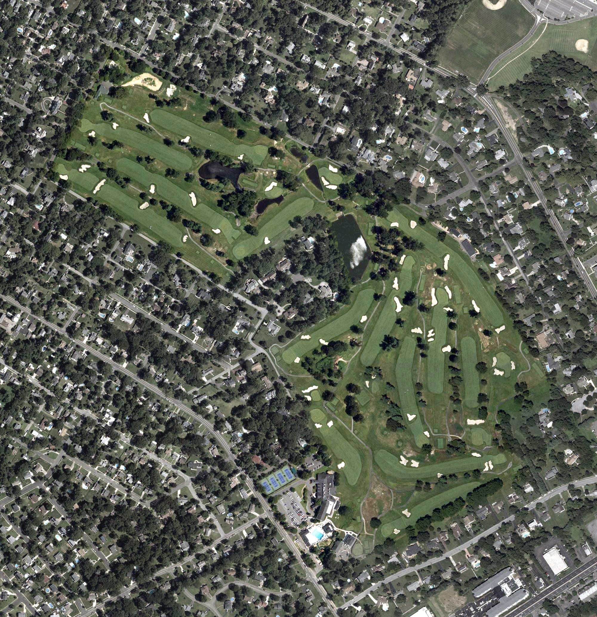 Aerial view of Riverton Country Club, NJ, with its hole routing marked