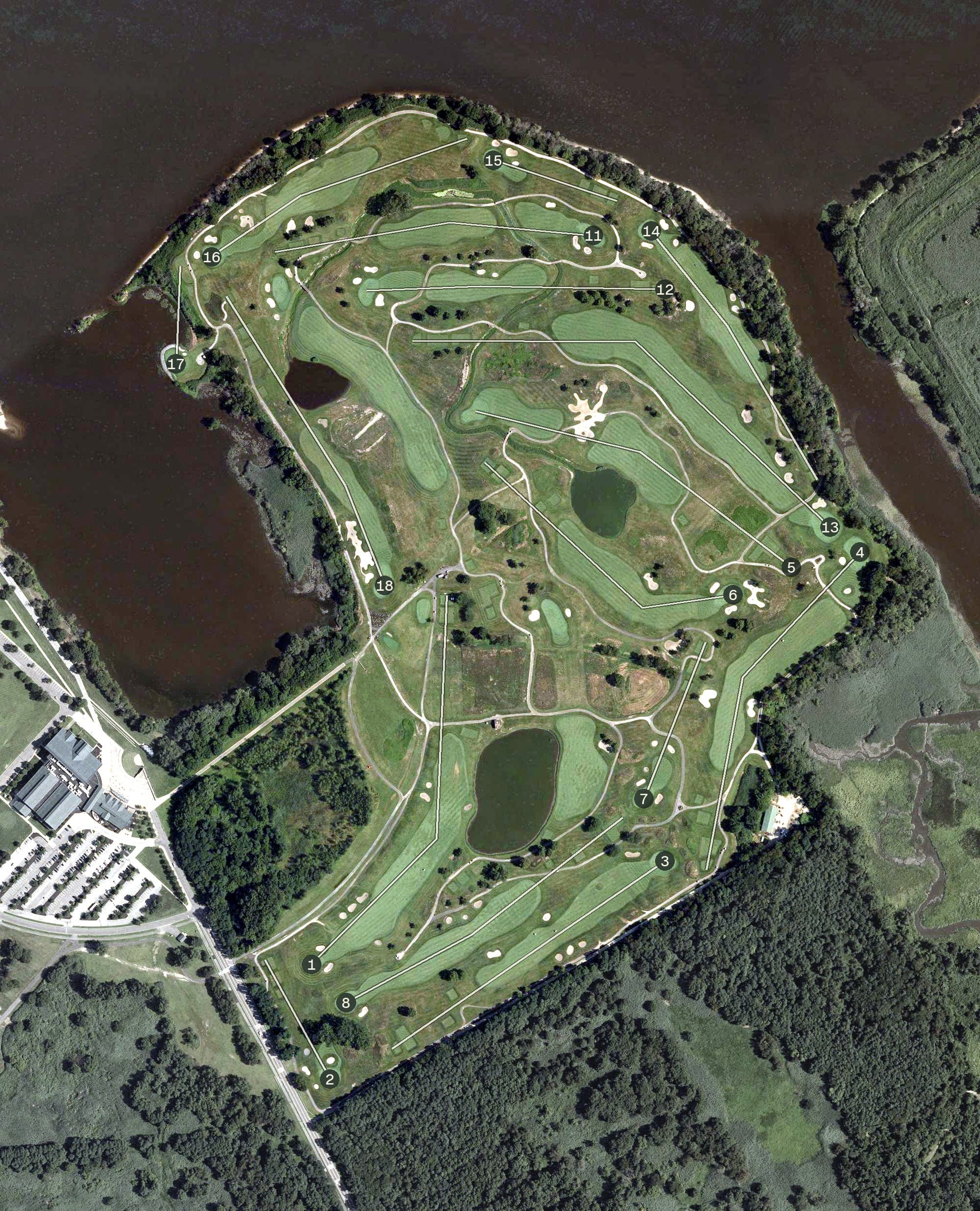 Aerial view of Riverwinds Golf Course, NJ, with its hole routing marked