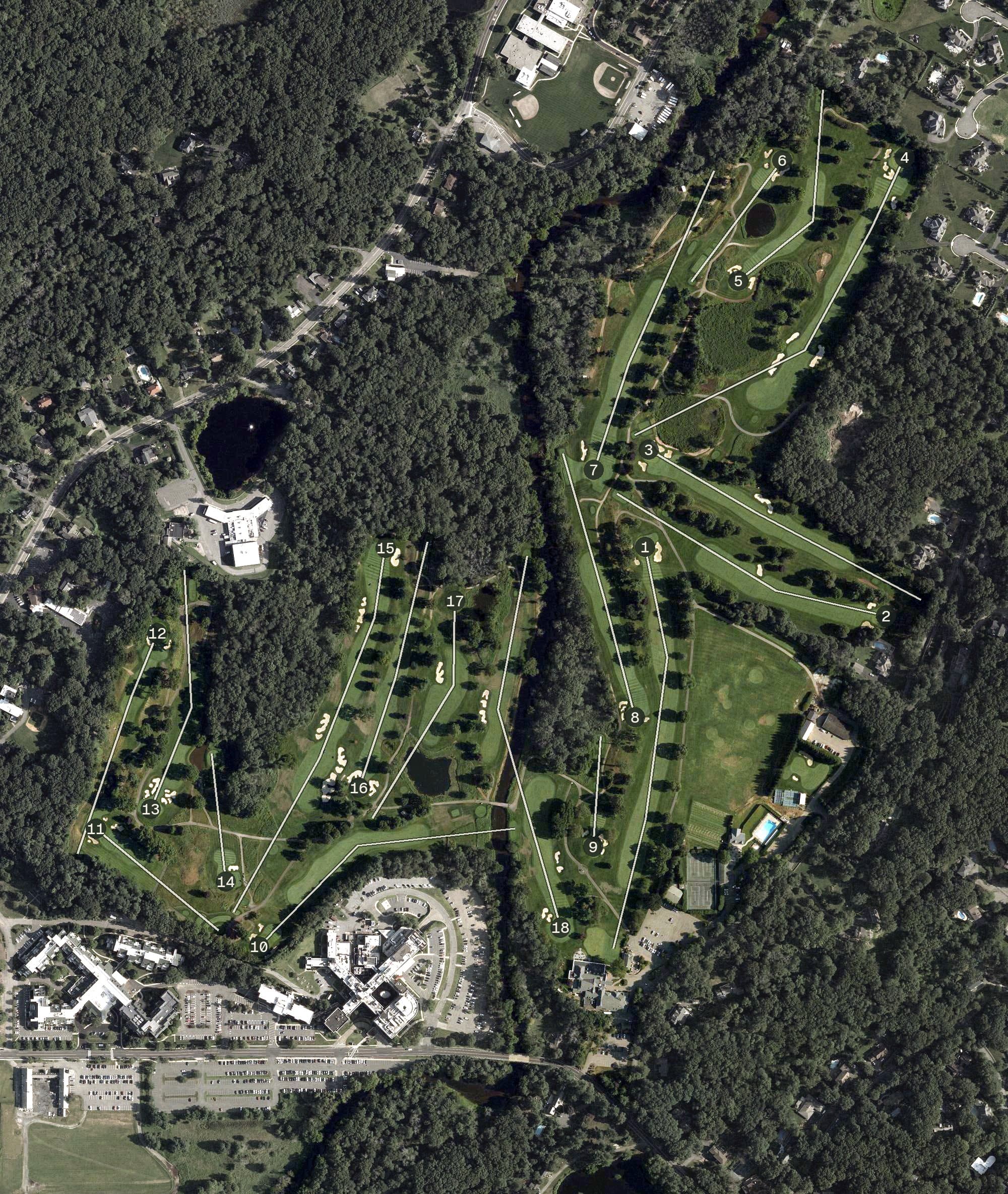 Aerial view of Rockaway River Country Club, NJ, with its hole routing marked