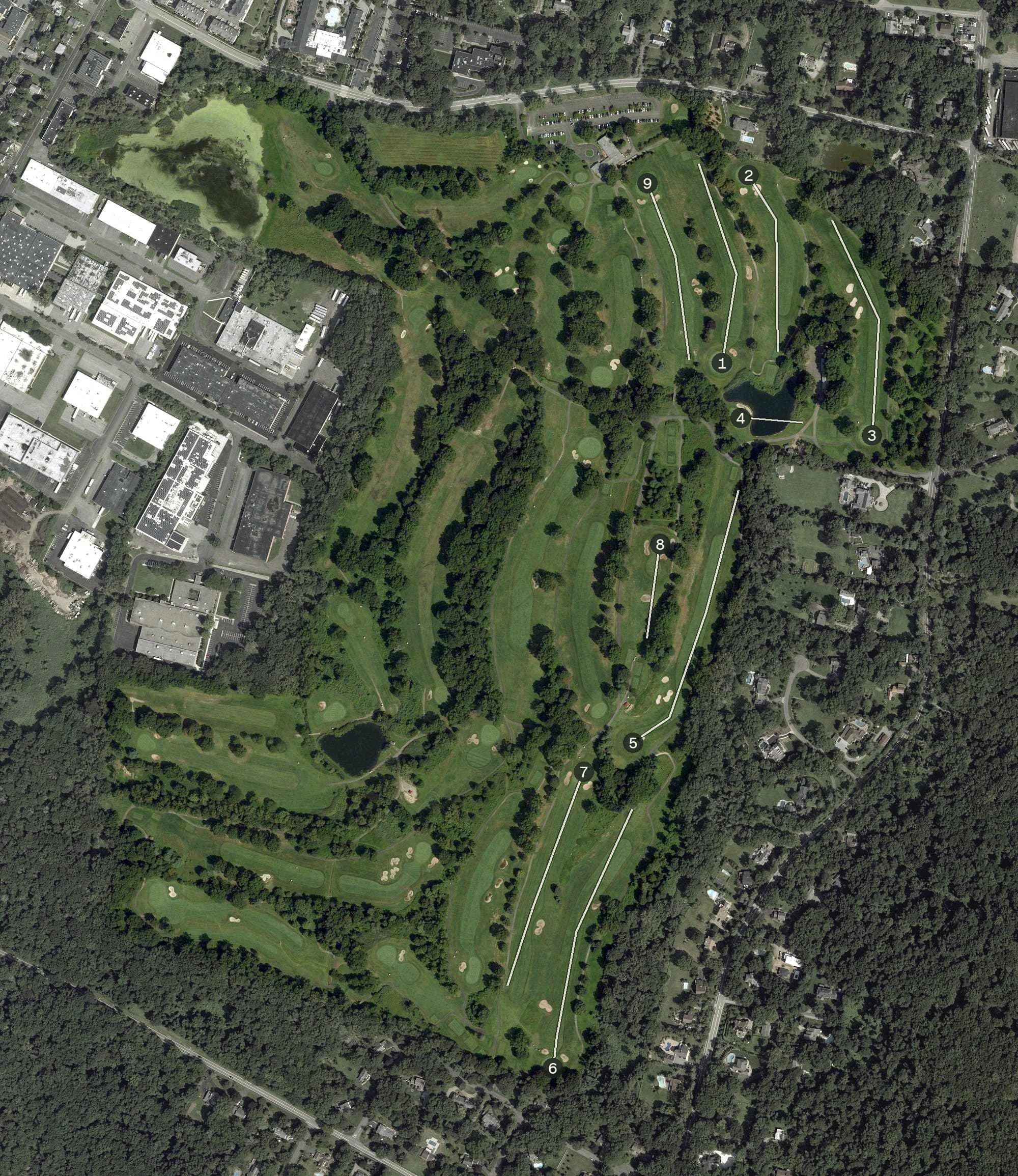 Aerial view of Rockleigh Golf Course, NJ, with its hole routing marked