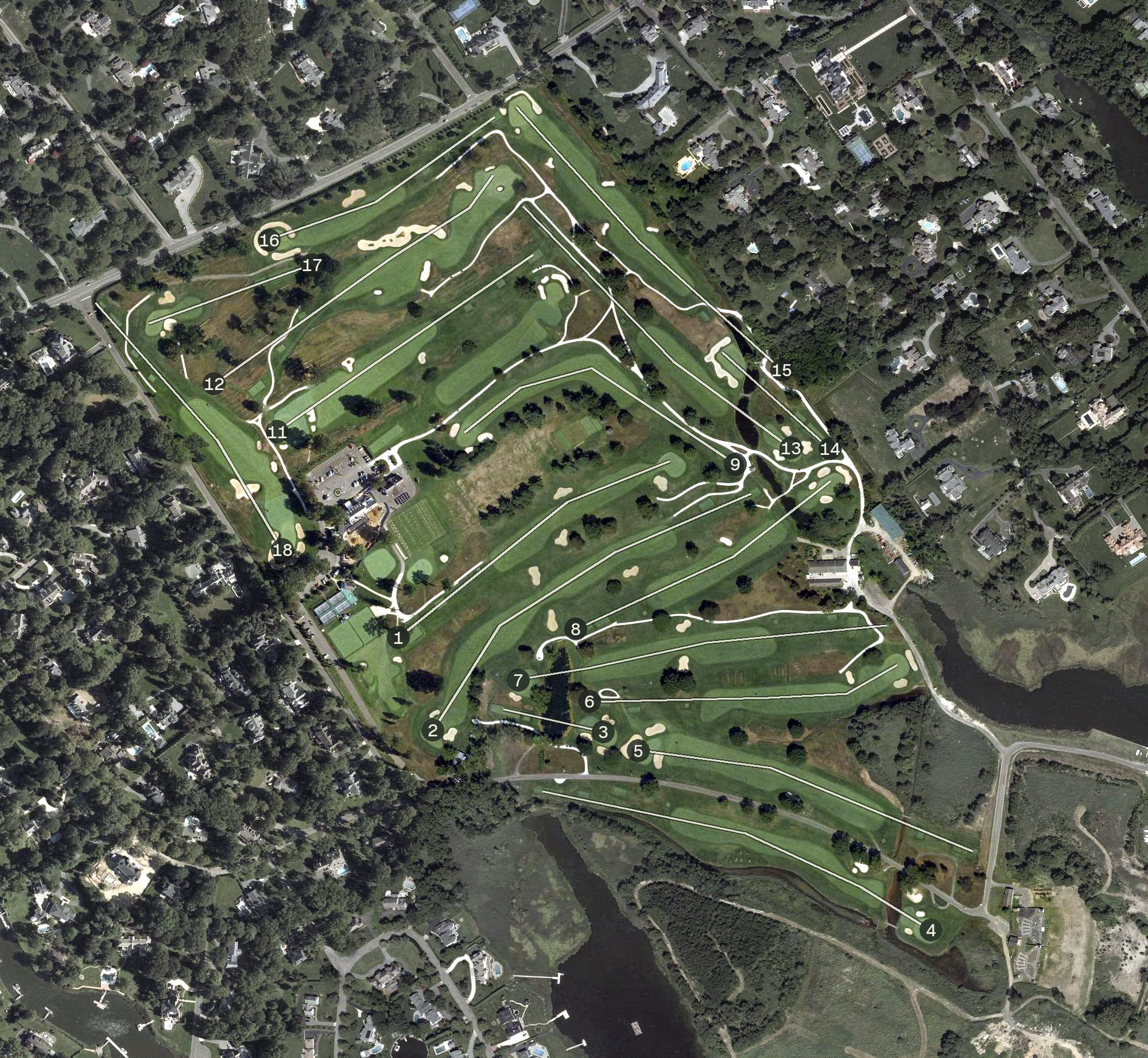 Aerial view of Rumson Country Club, NJ, with its hole routing marked
