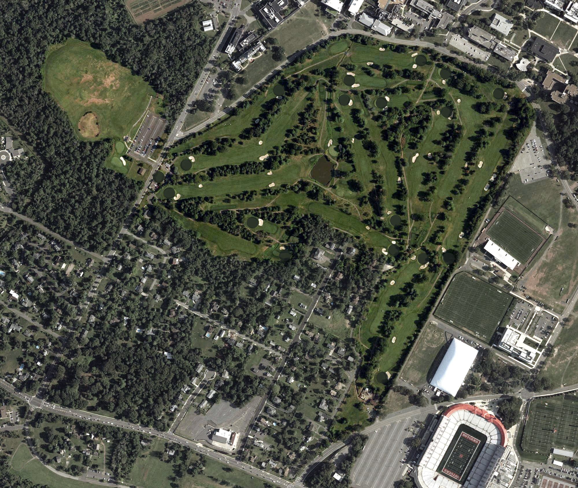 Aerial view of Rutgers University Golf Course, NJ, with its hole routing marked