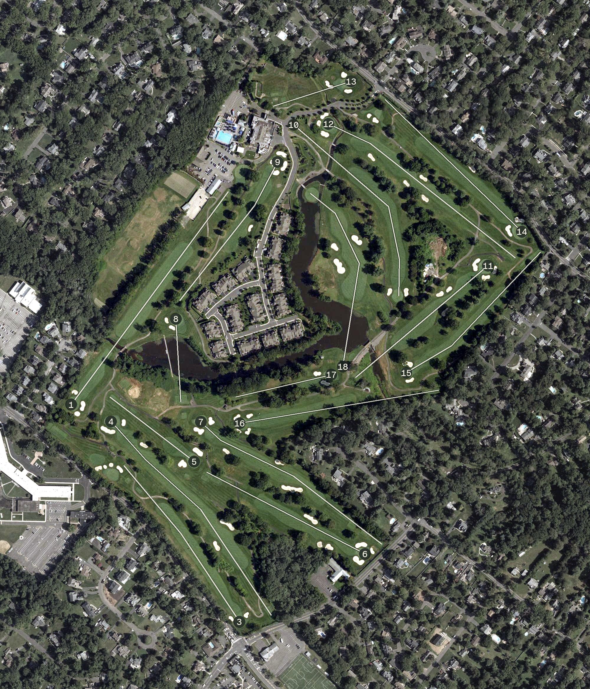Aerial view of Shackamaxon Country Club, NJ, with its hole routing marked