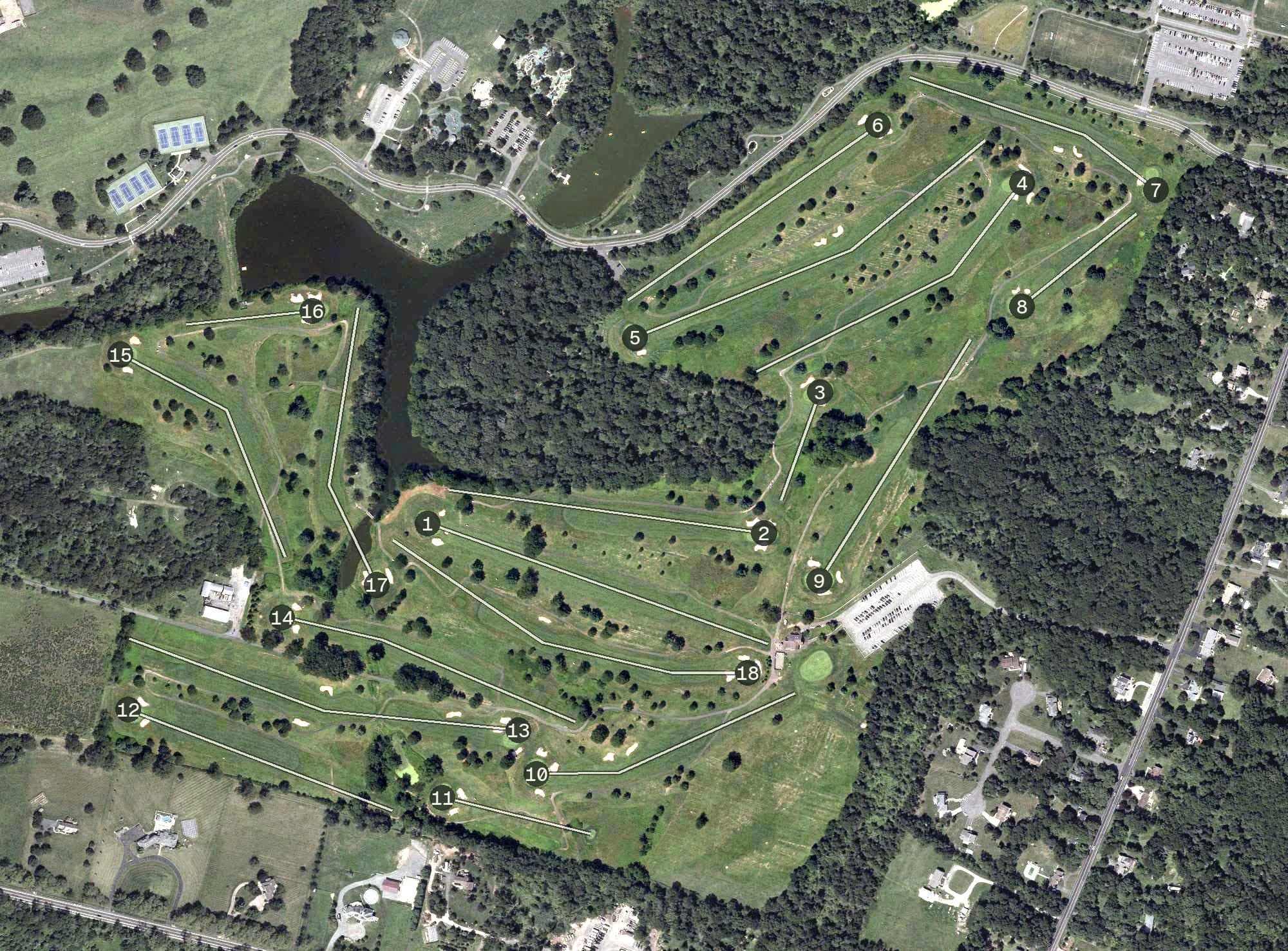 Aerial view of Spooky Brook Golf Course, NJ, with its hole routing marked
