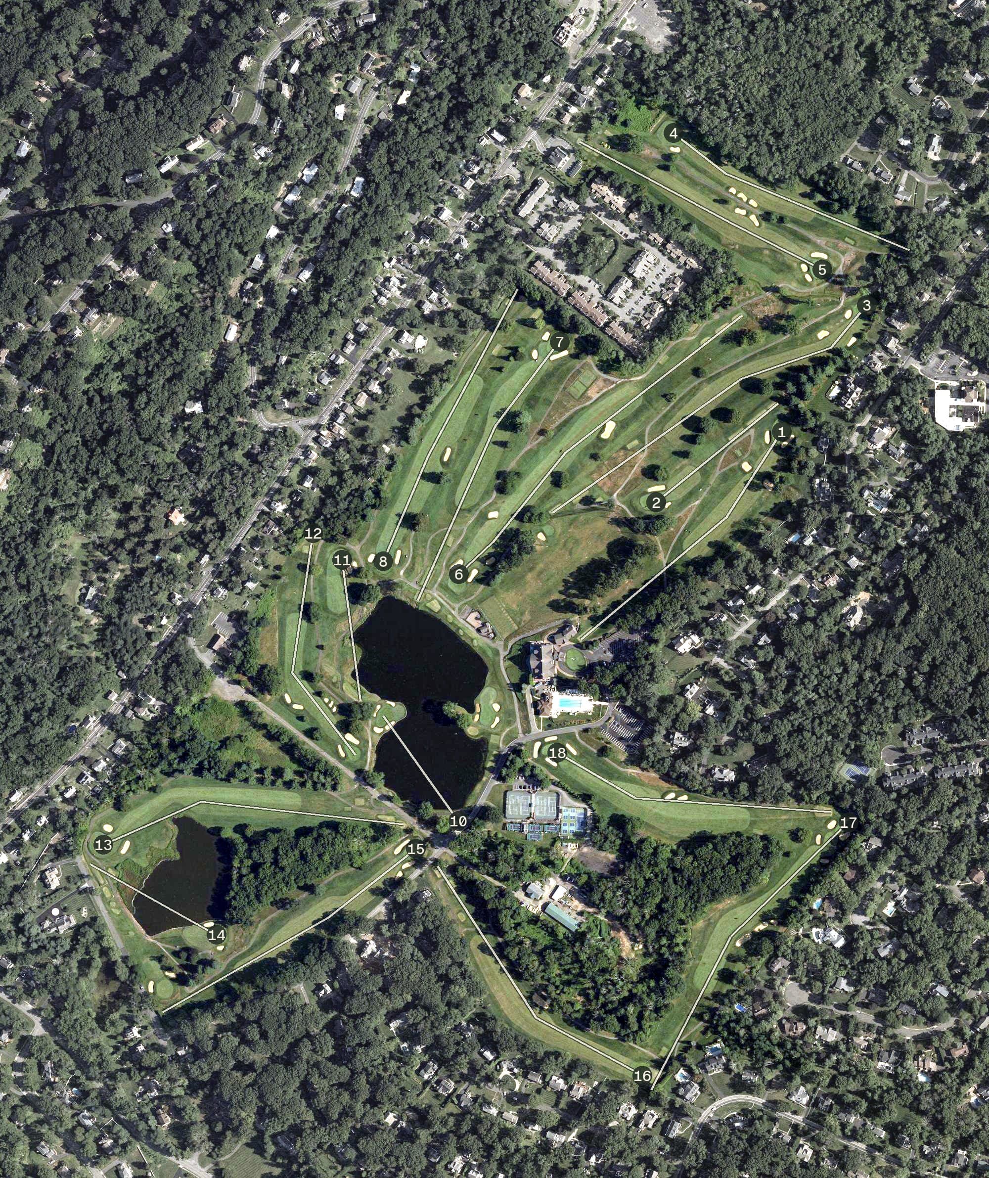 Aerial view of Spring Brook Country Club, NJ, with its hole routing marked