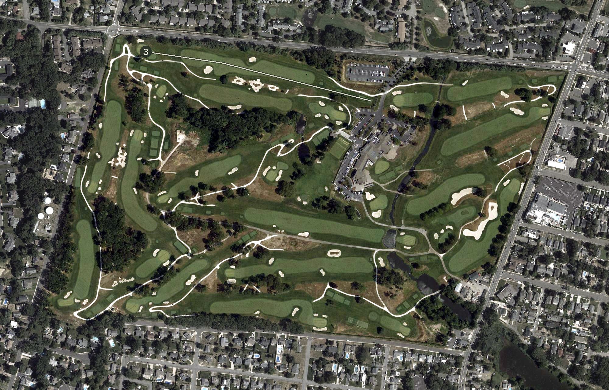 Aerial view of Spring Lake Golf Club, NJ, with its hole routing marked
