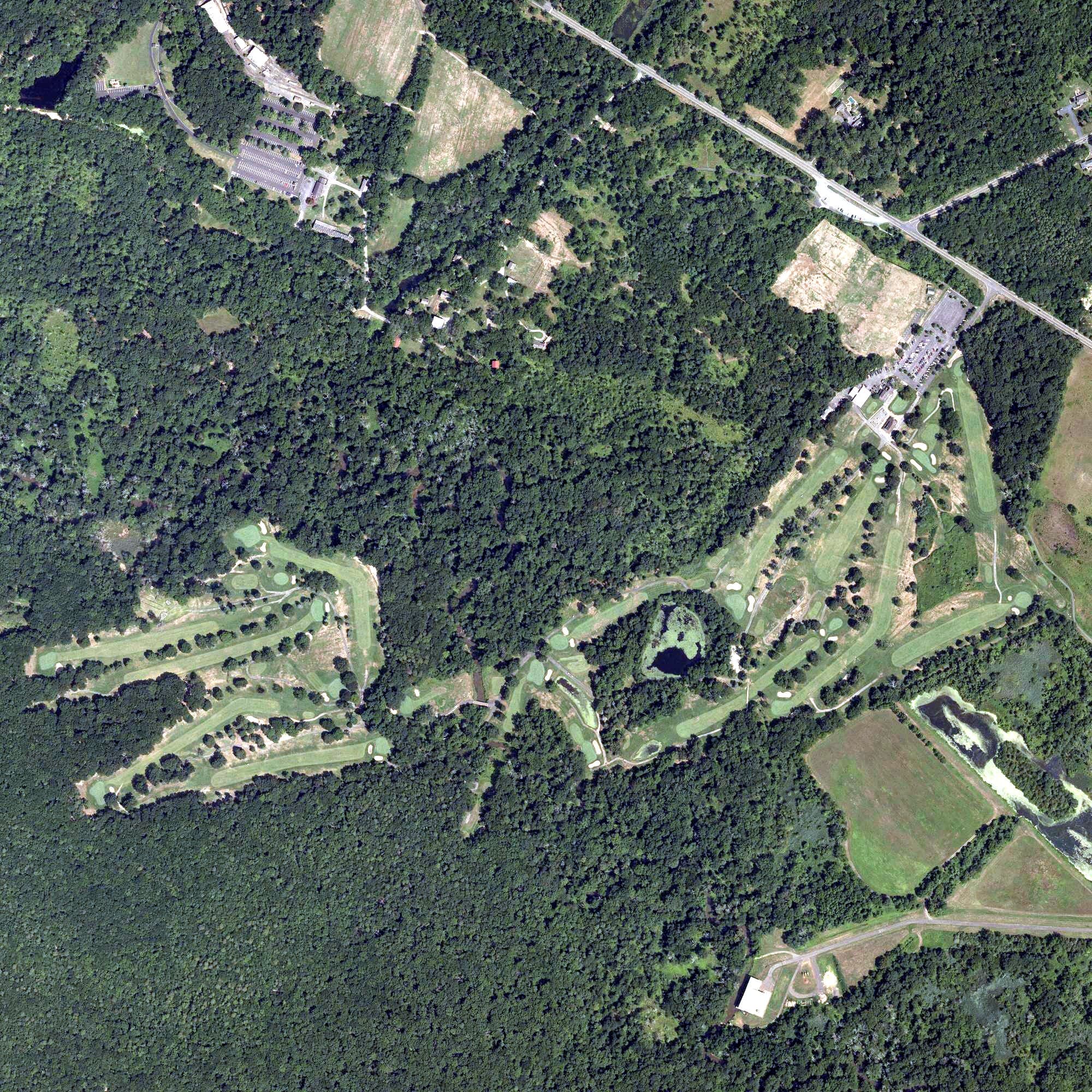 Aerial view of Spring Meadow Golf Course, NJ, with its hole routing marked