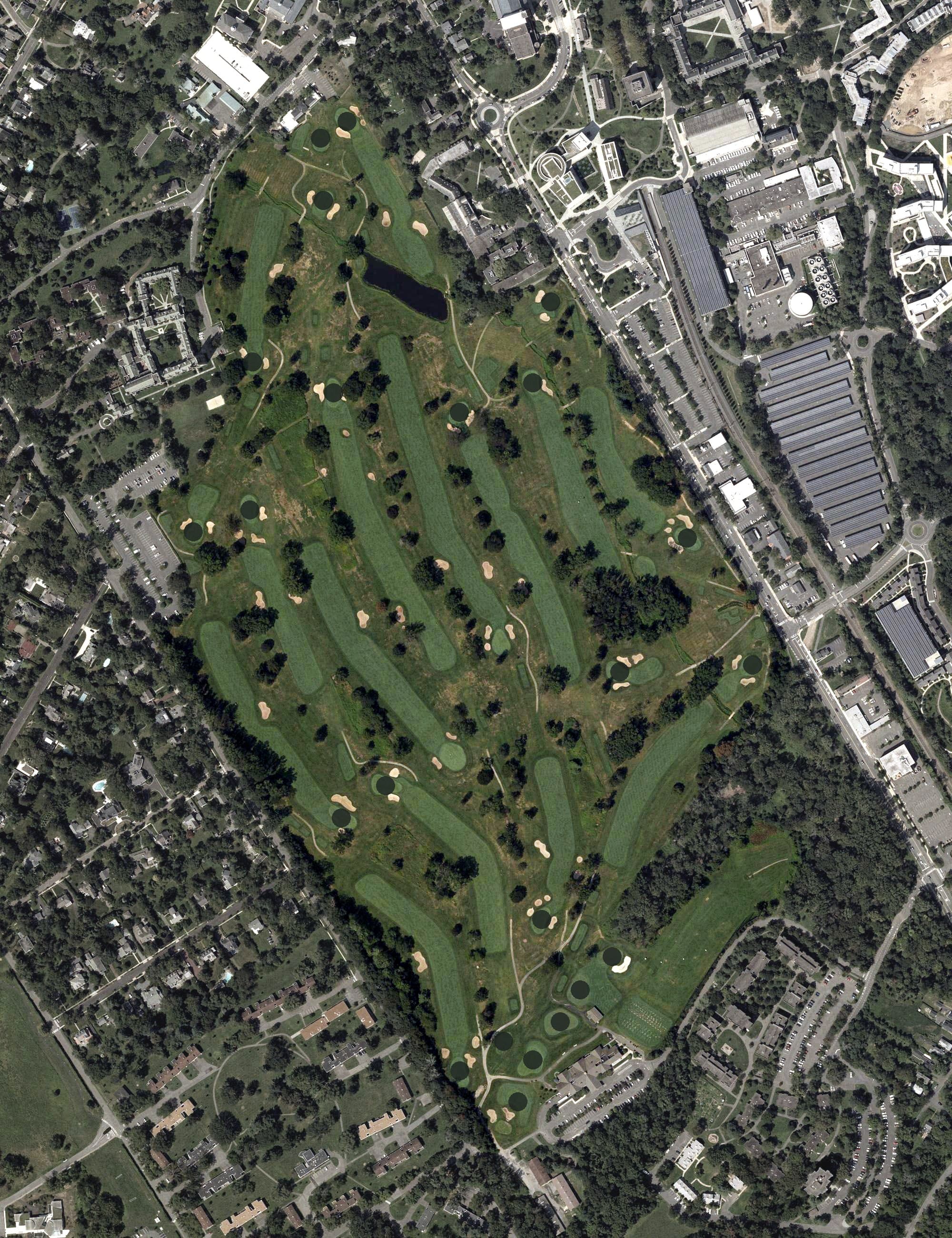 Aerial view of Springdale Golf Club, NJ, with its hole routing marked