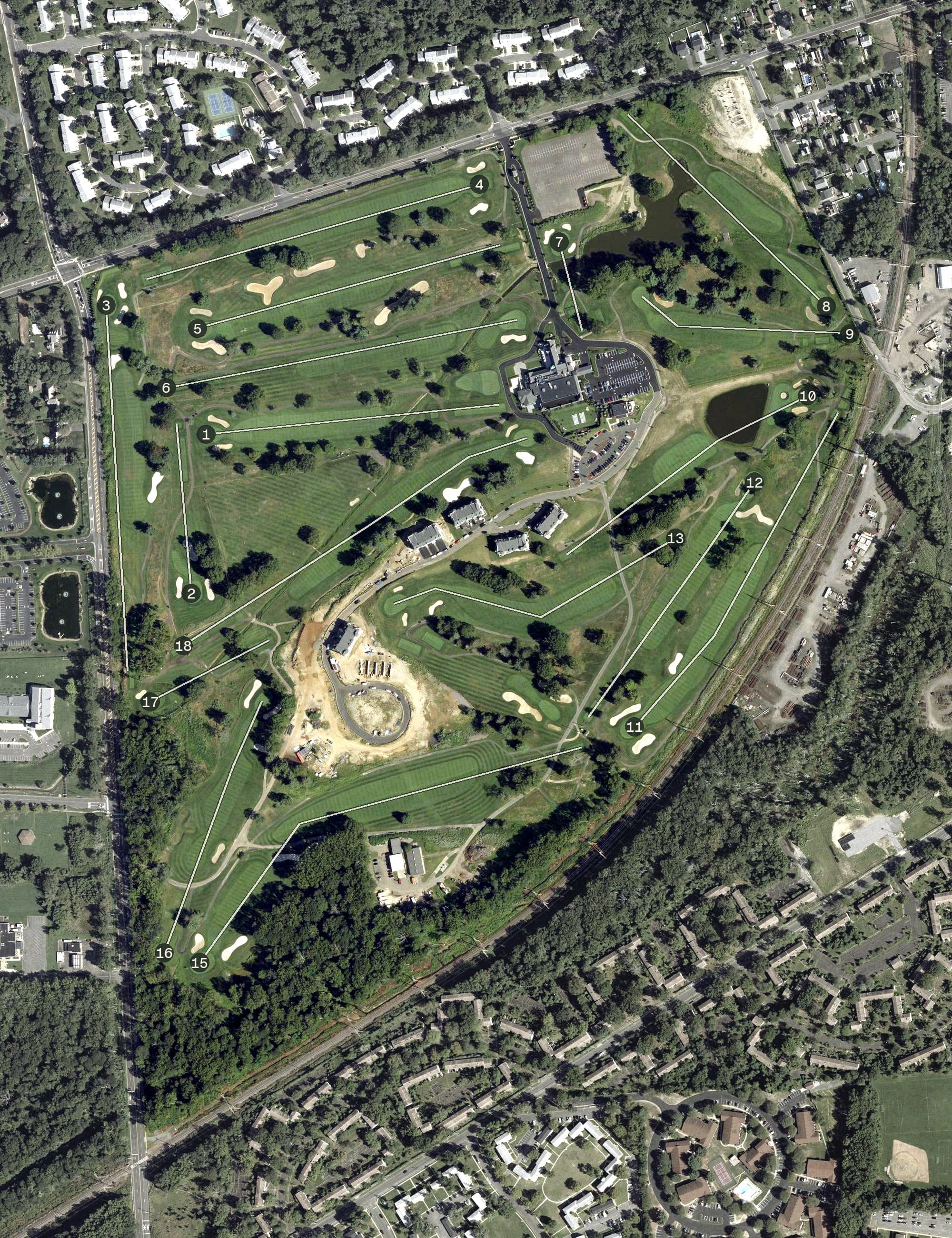 Aerial view of Suneagles Golf Club, NJ, with its hole routing marked