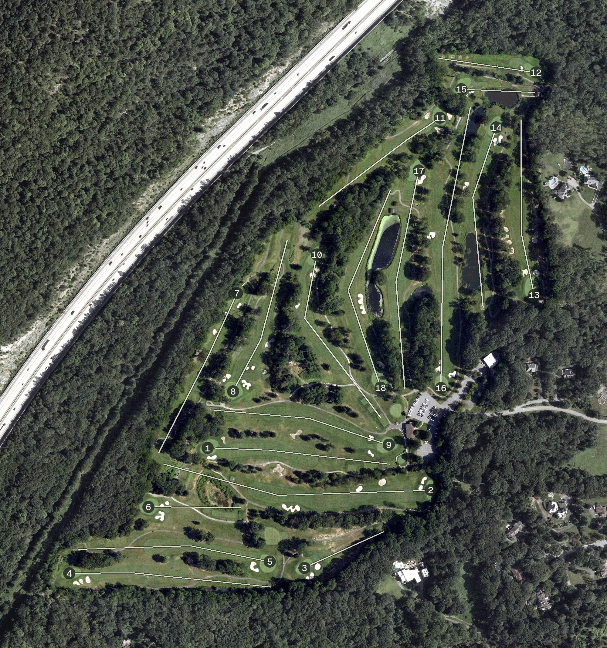 Aerial view of Sunset Valley Golf Course, NJ, with its hole routing marked