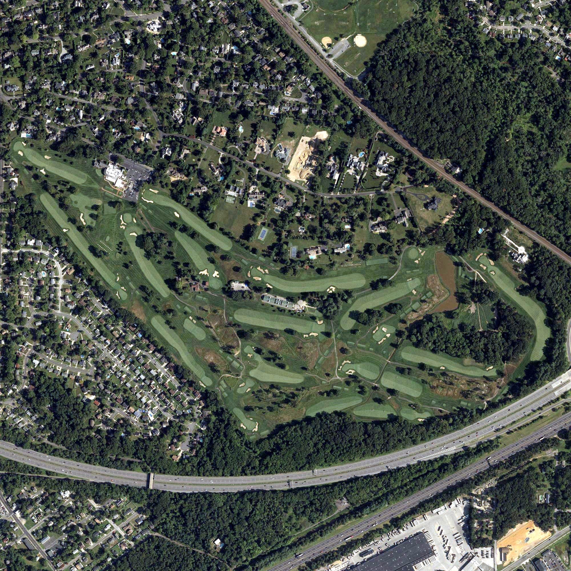 Aerial view of Tavistock Country Club, NJ, with its hole routing marked