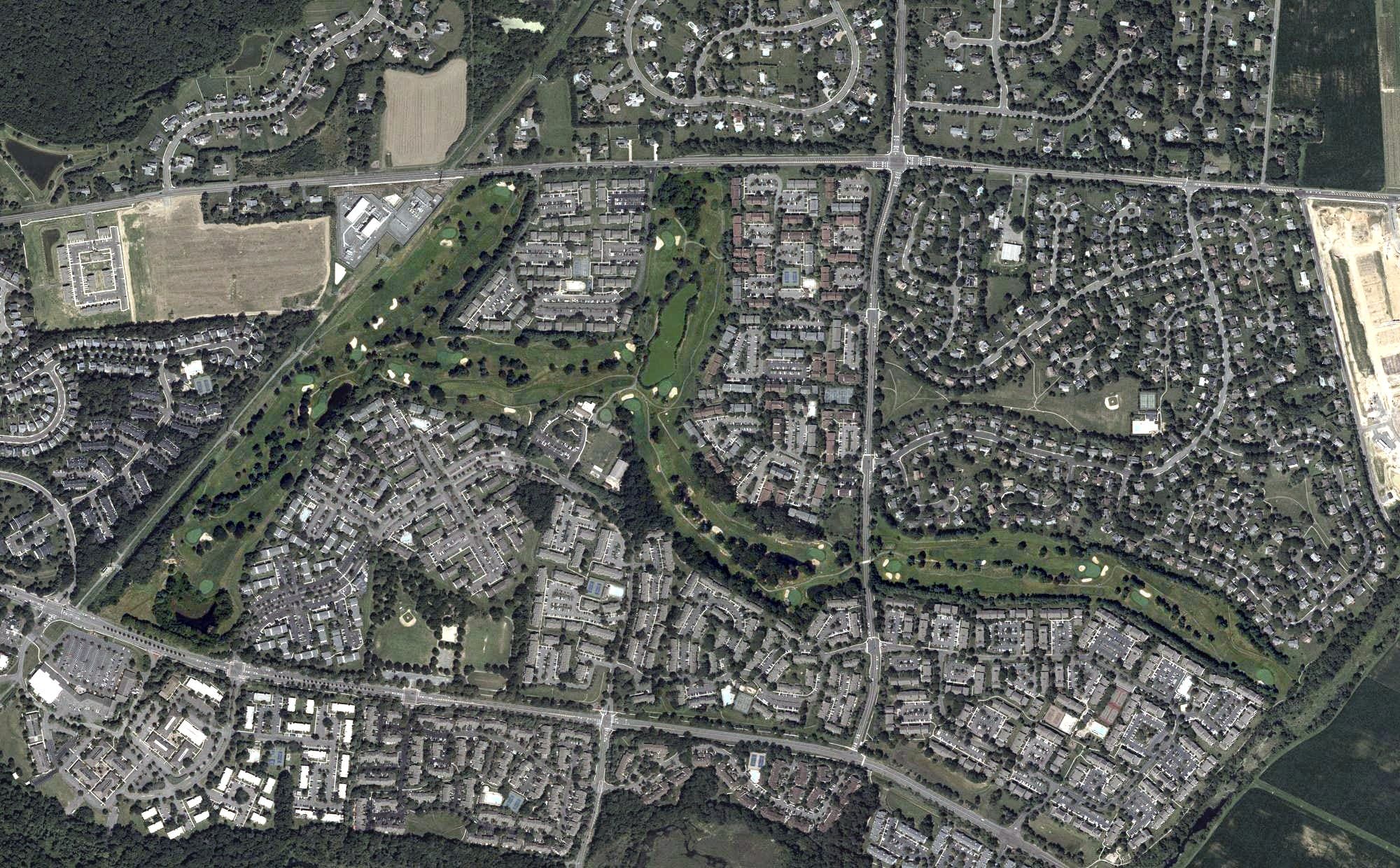 Aerial view of The Meadows at Middlesex Golf Course, NJ, with its hole routing marked