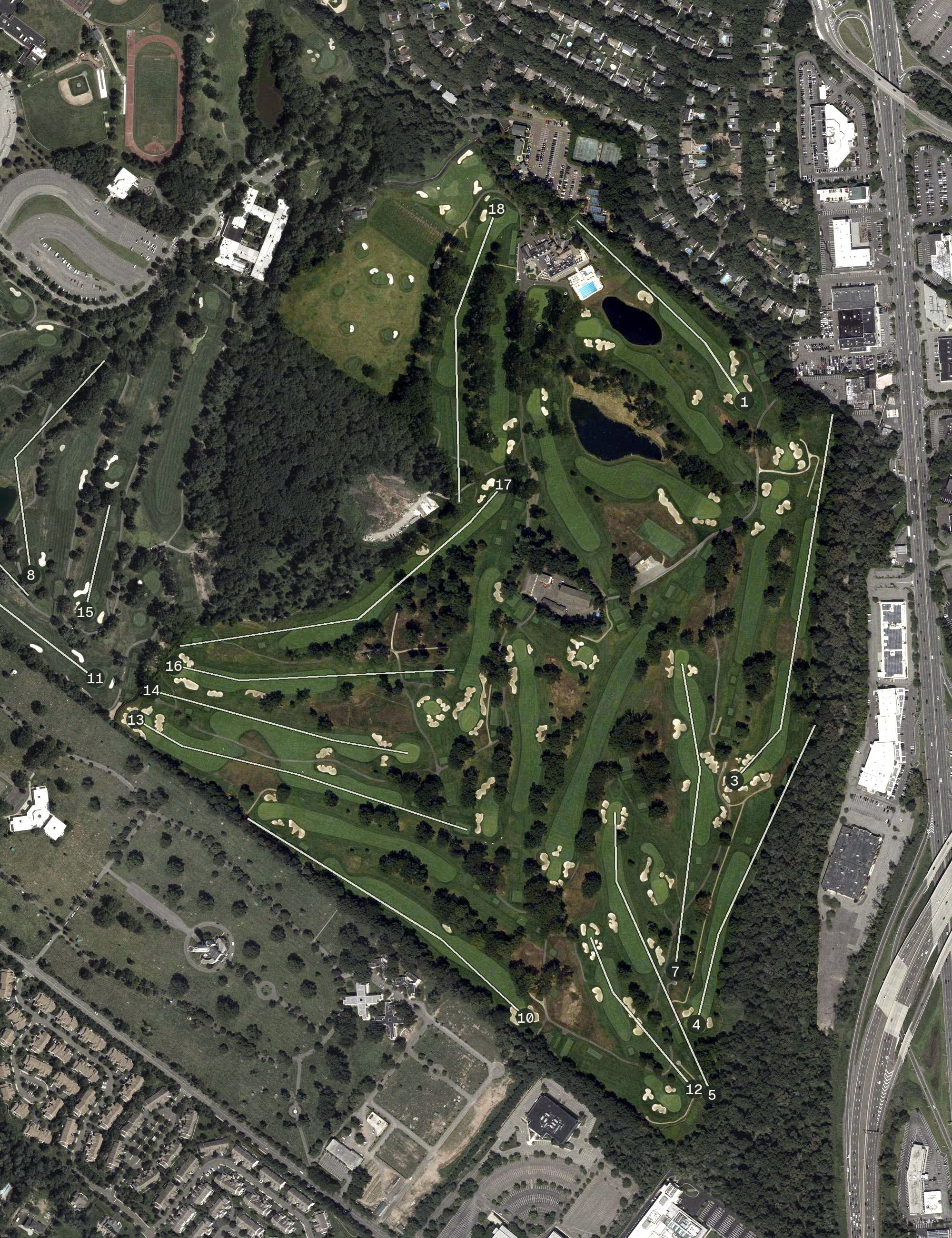 Aerial view of The Ridgewood Country Club, NJ, with its hole routing marked