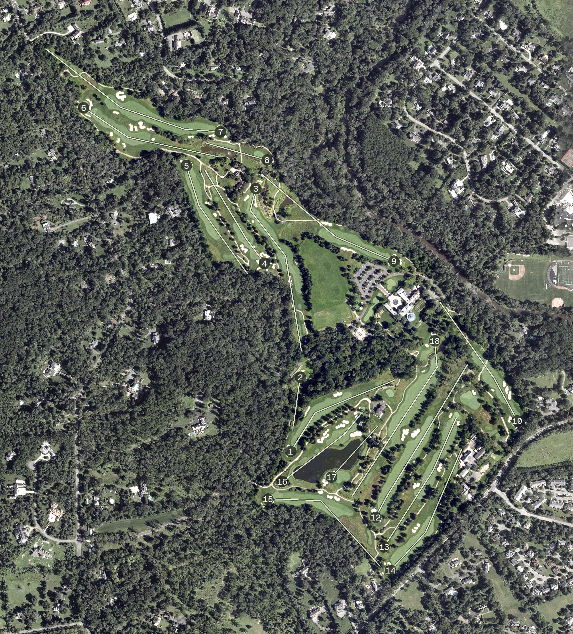 Aerial view of TPC Jasna Polana, NJ, with its hole routing marked