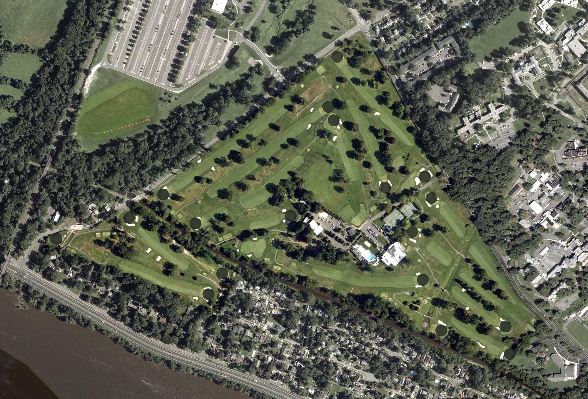 Aerial view of Trenton Country Club, NJ, with its hole routing marked