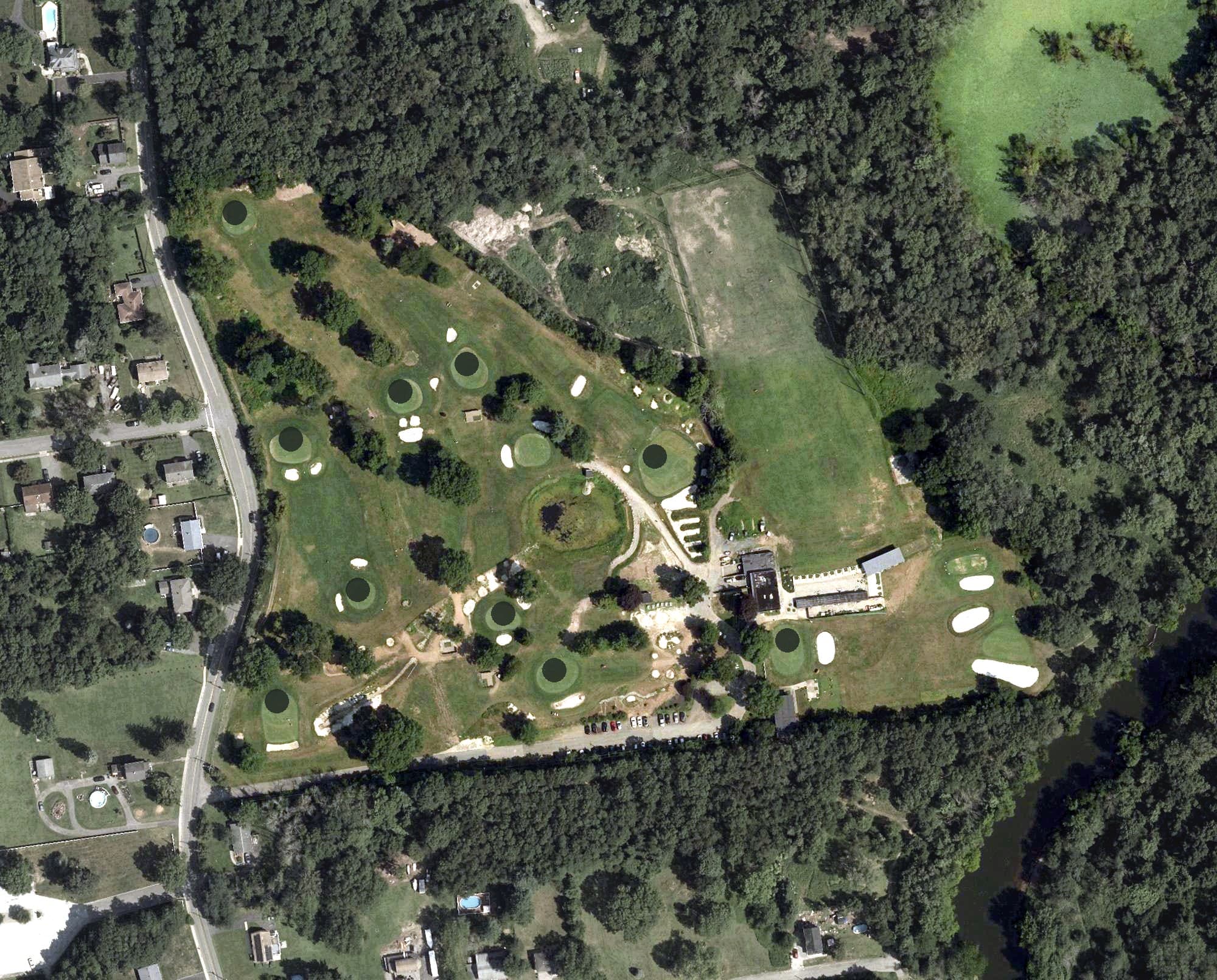 Aerial view of Twin Willows Par 3 Golf, NJ, with its hole routing marked