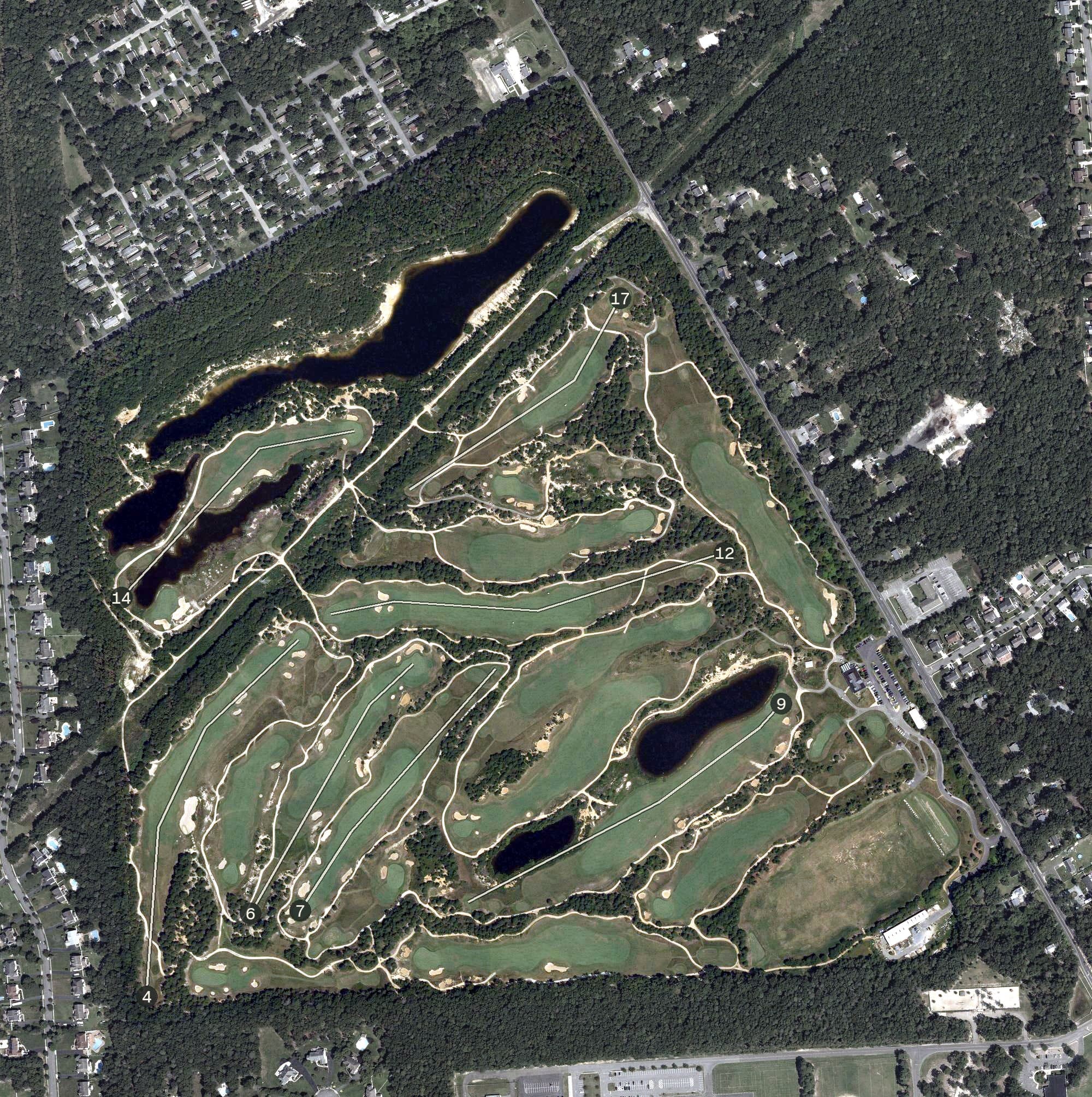 Aerial view of Twisted Dune Golf Club, NJ, with its hole routing marked