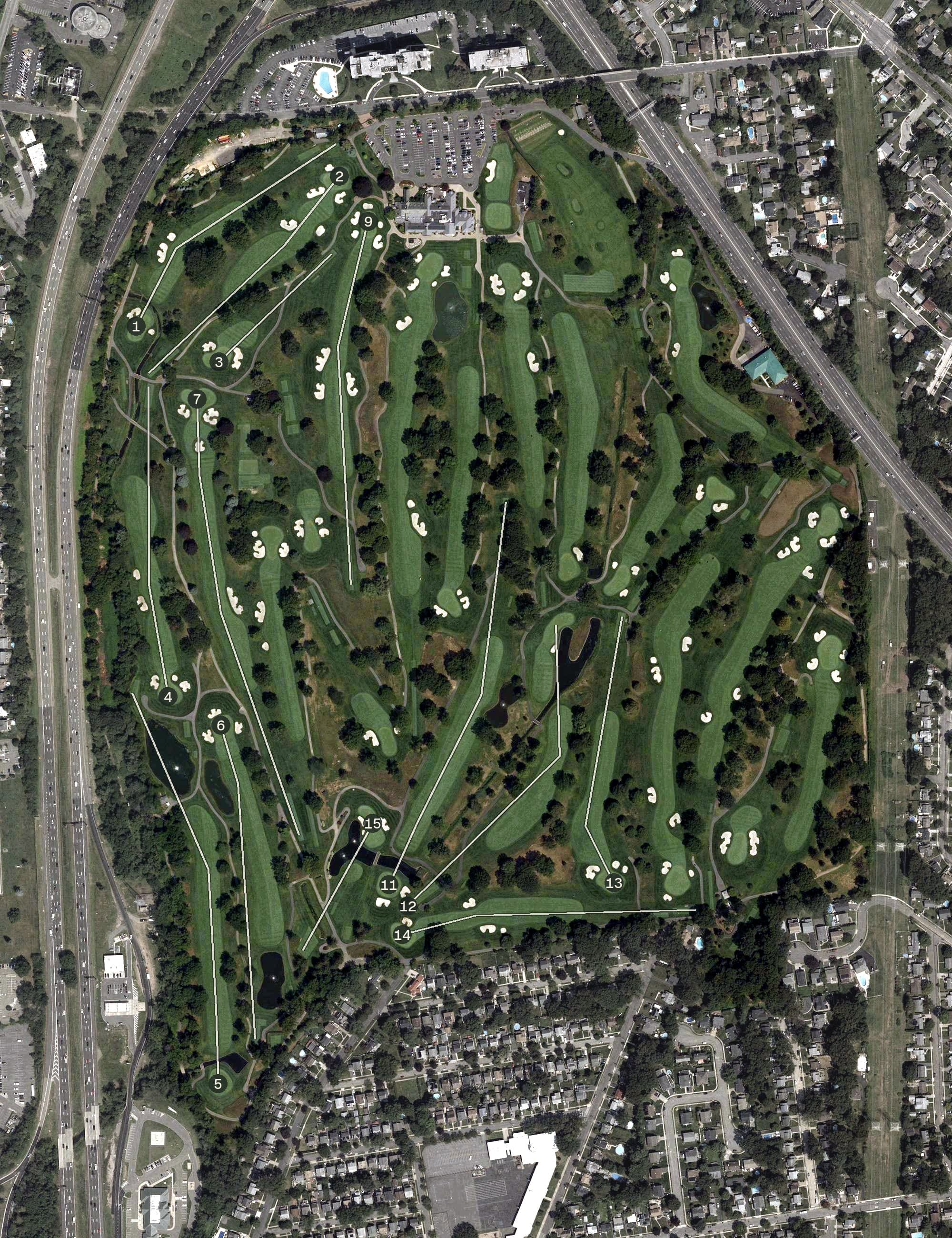 Aerial view of Upper Montclair Country Club, NJ, with its hole routing marked