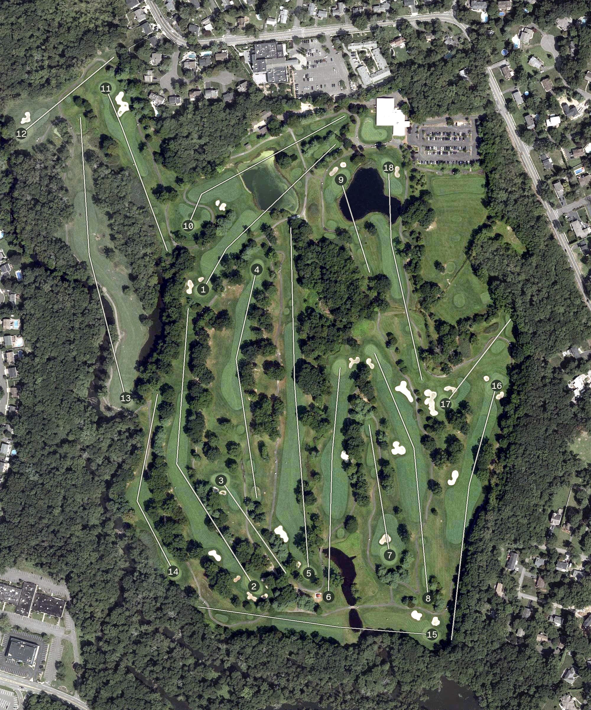 Aerial view of Valley Brook Golf Course, NJ, with its hole routing marked