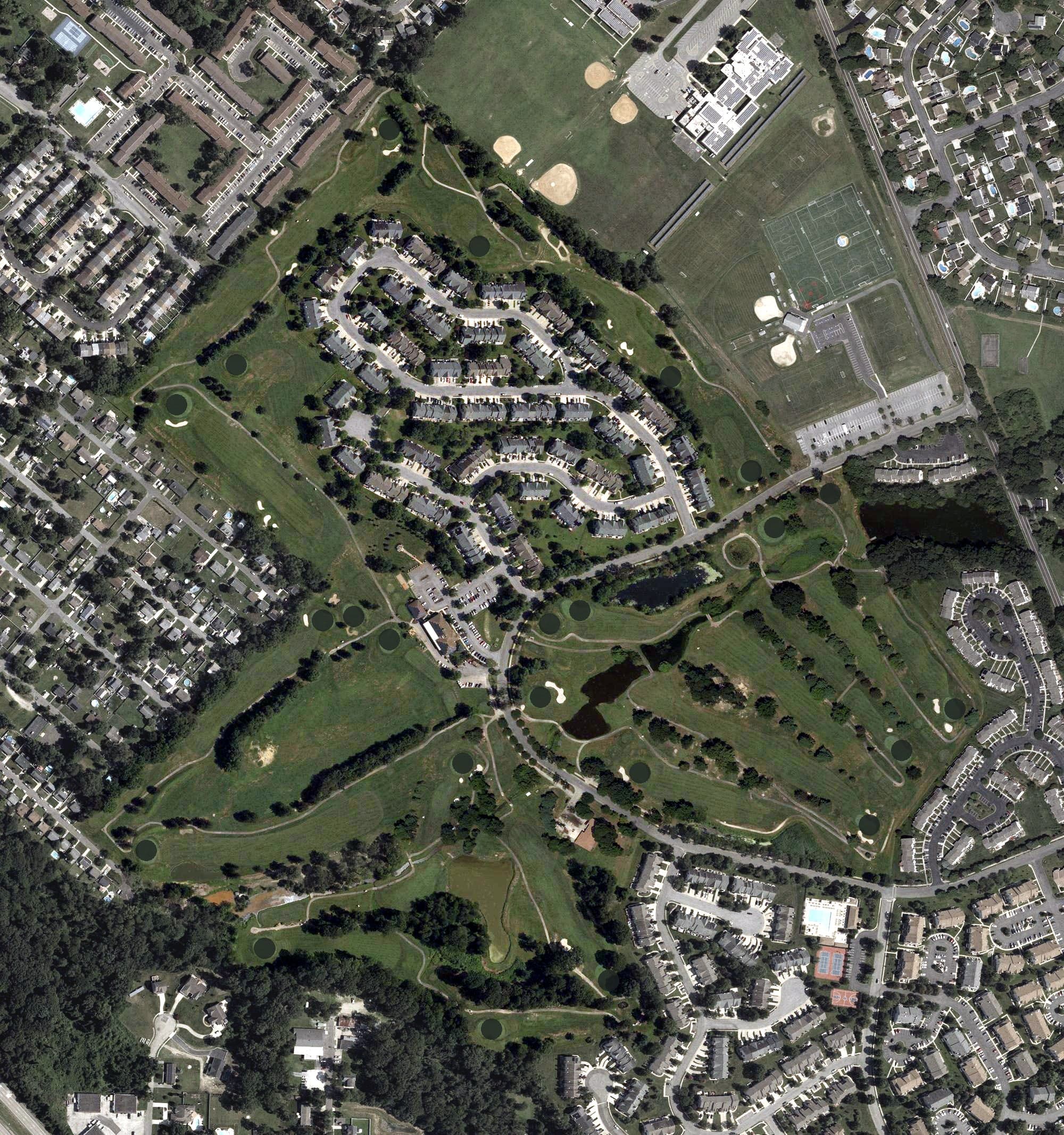 Aerial view of Valleybrook Golf Club, NJ, with its hole routing marked
