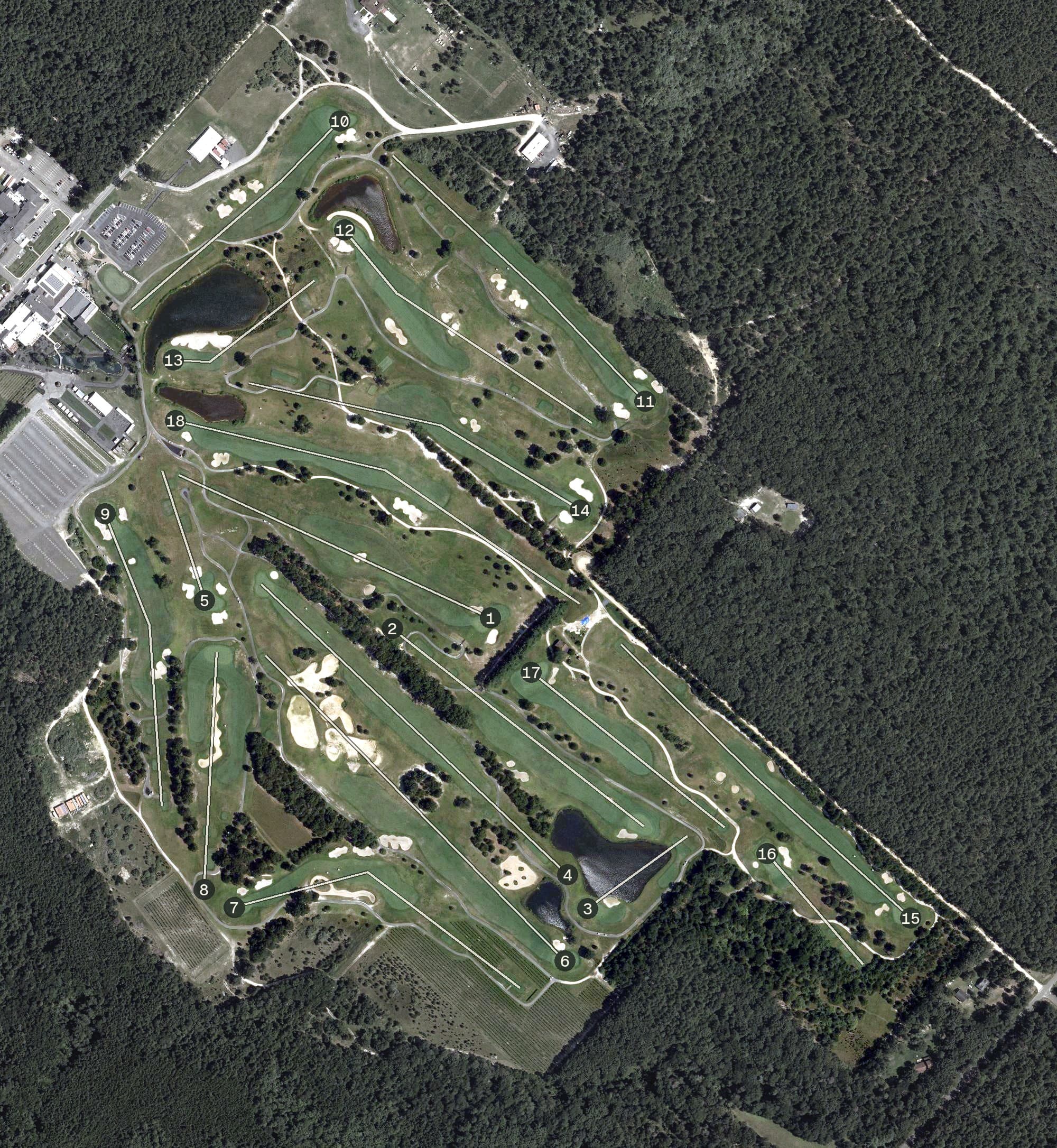 Aerial view of Vineyard Golf at Renault Winery, NJ, with its hole routing marked