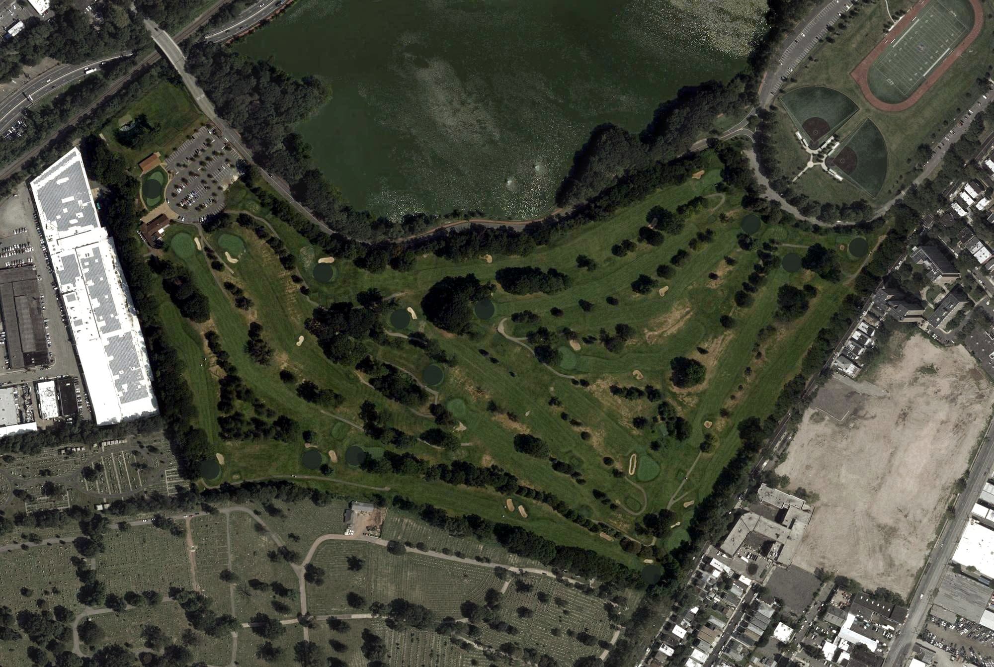 Aerial view of Weequahic Golf Course, NJ, with its hole routing marked