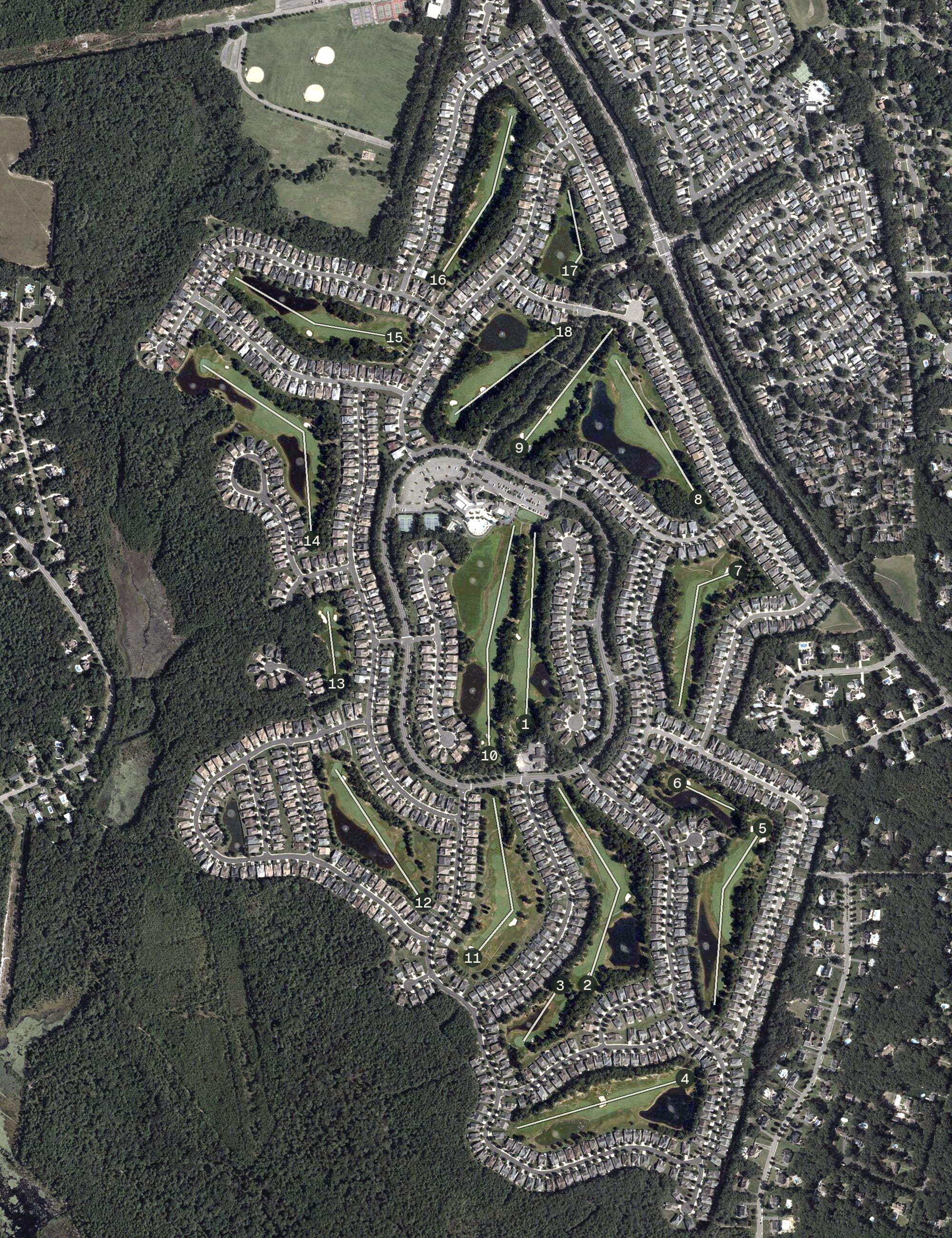 Aerial view of Westlake Golf Course, NJ, with its hole routing marked