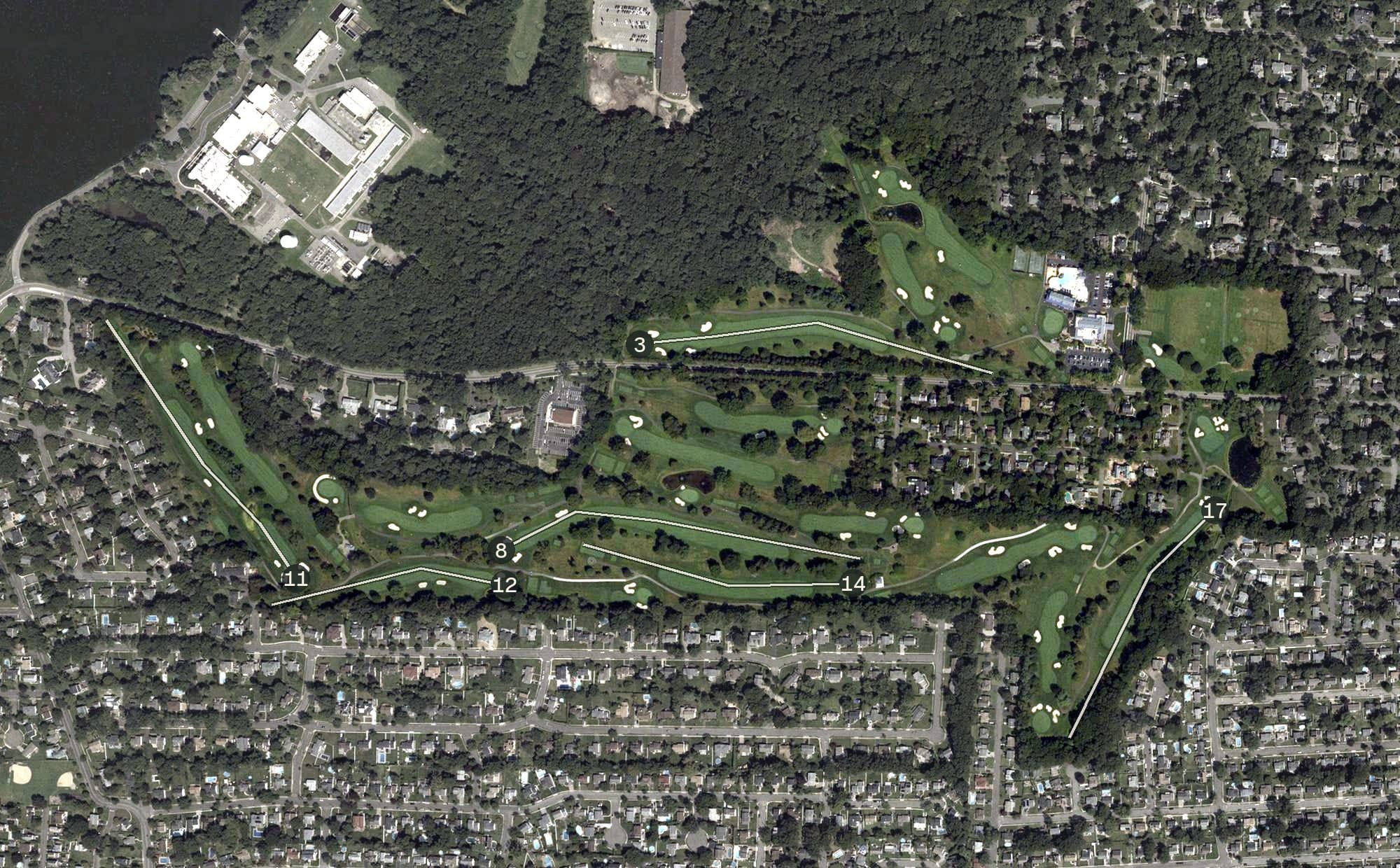 Aerial view of White Beeches Golf and Country Club, NJ, with its hole routing marked