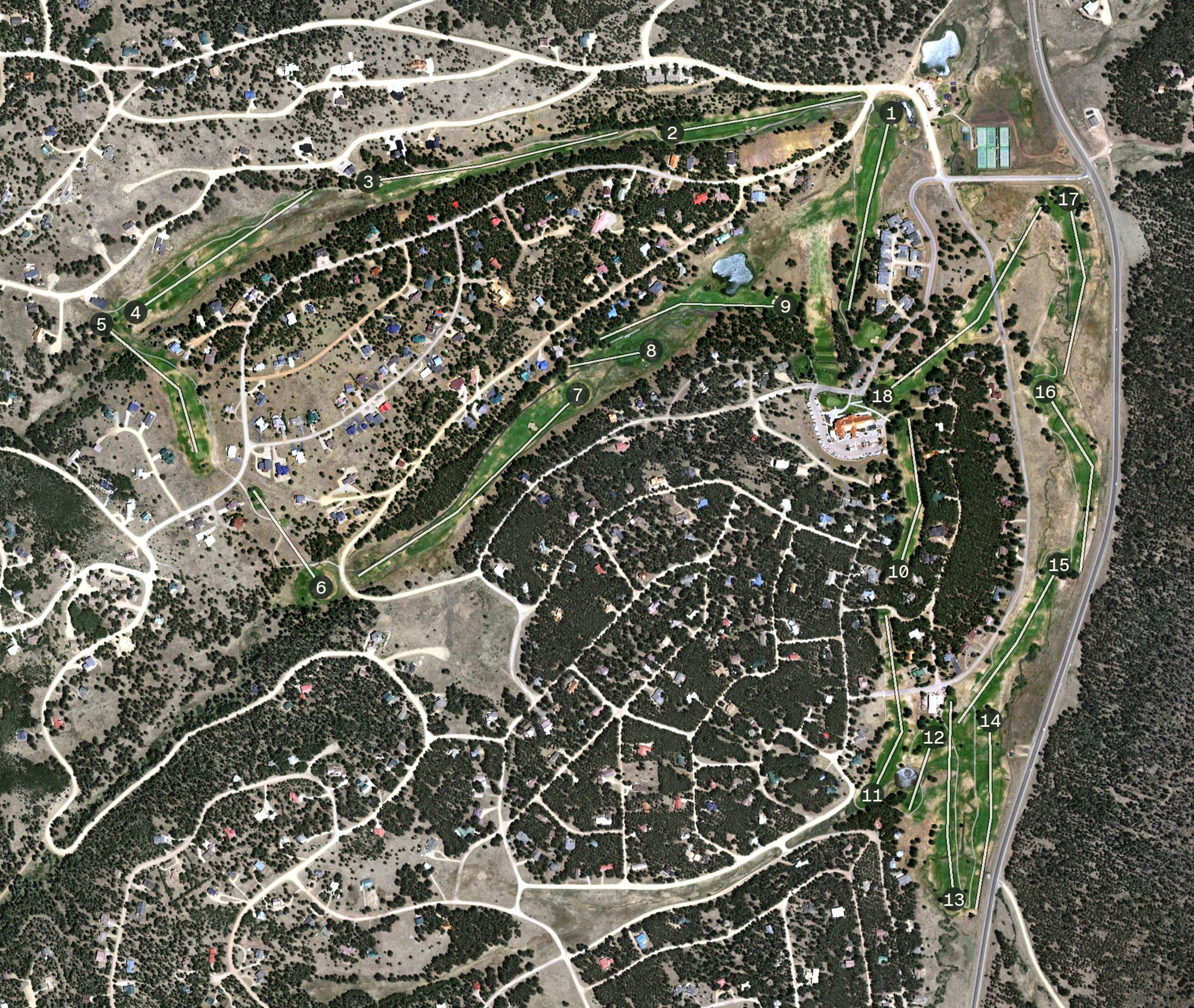 Aerial view of Angel Fire Country Club, NM, with its hole routing marked