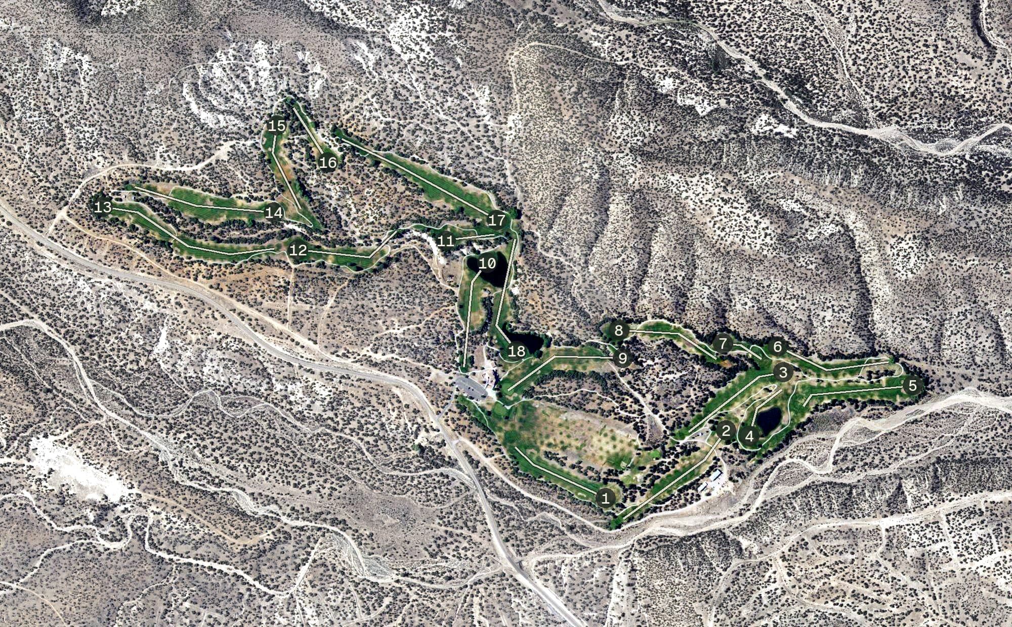Aerial view of Cochiti Golf Course, NM, with its hole routing marked