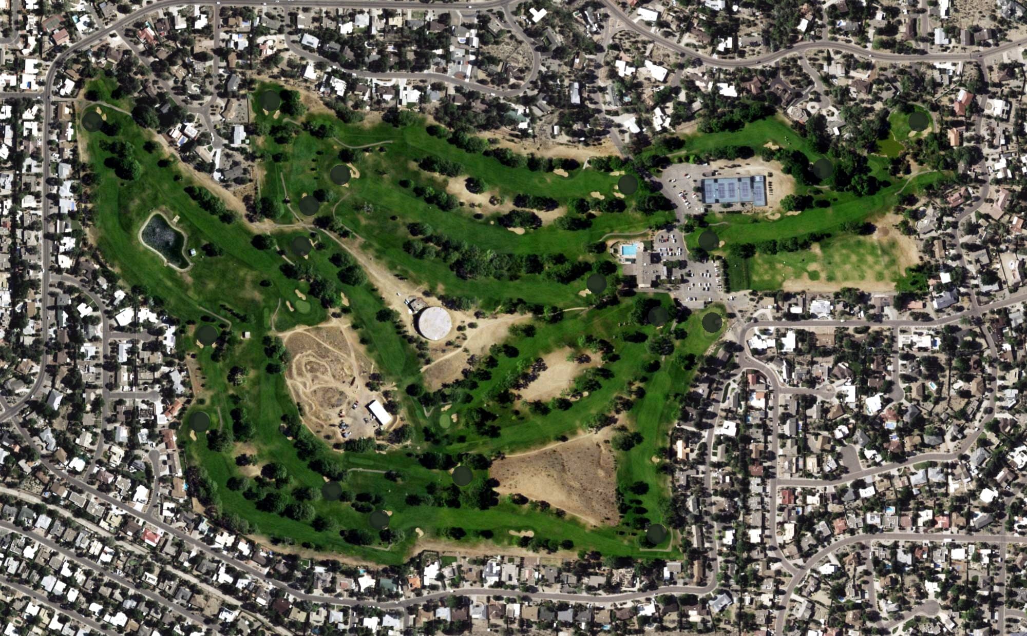 Aerial view of Four Hills Golf Course, NM, with its hole routing marked
