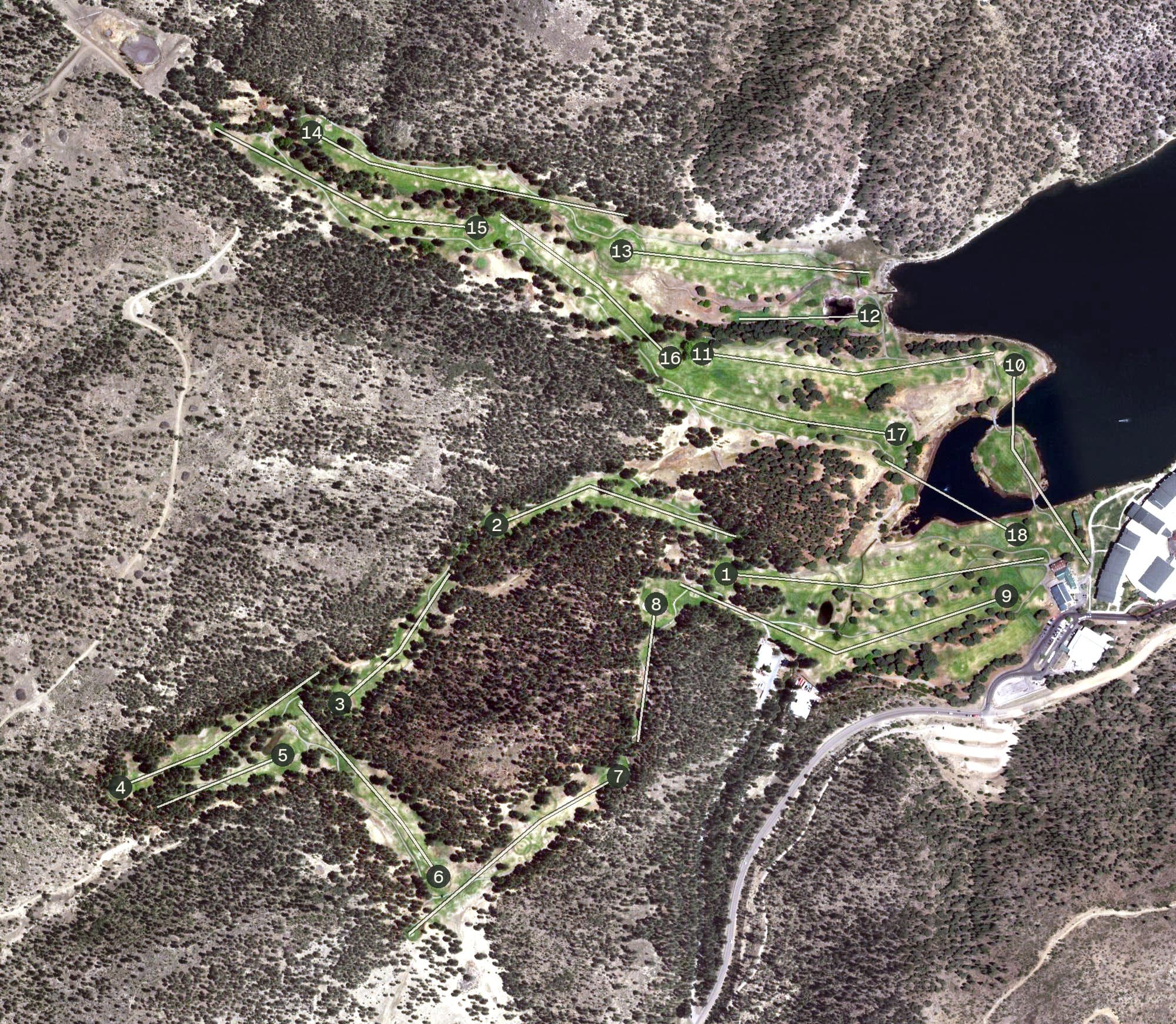 Aerial view of Inn of the Mountain Gods Golf Course, NM, with its hole routing marked