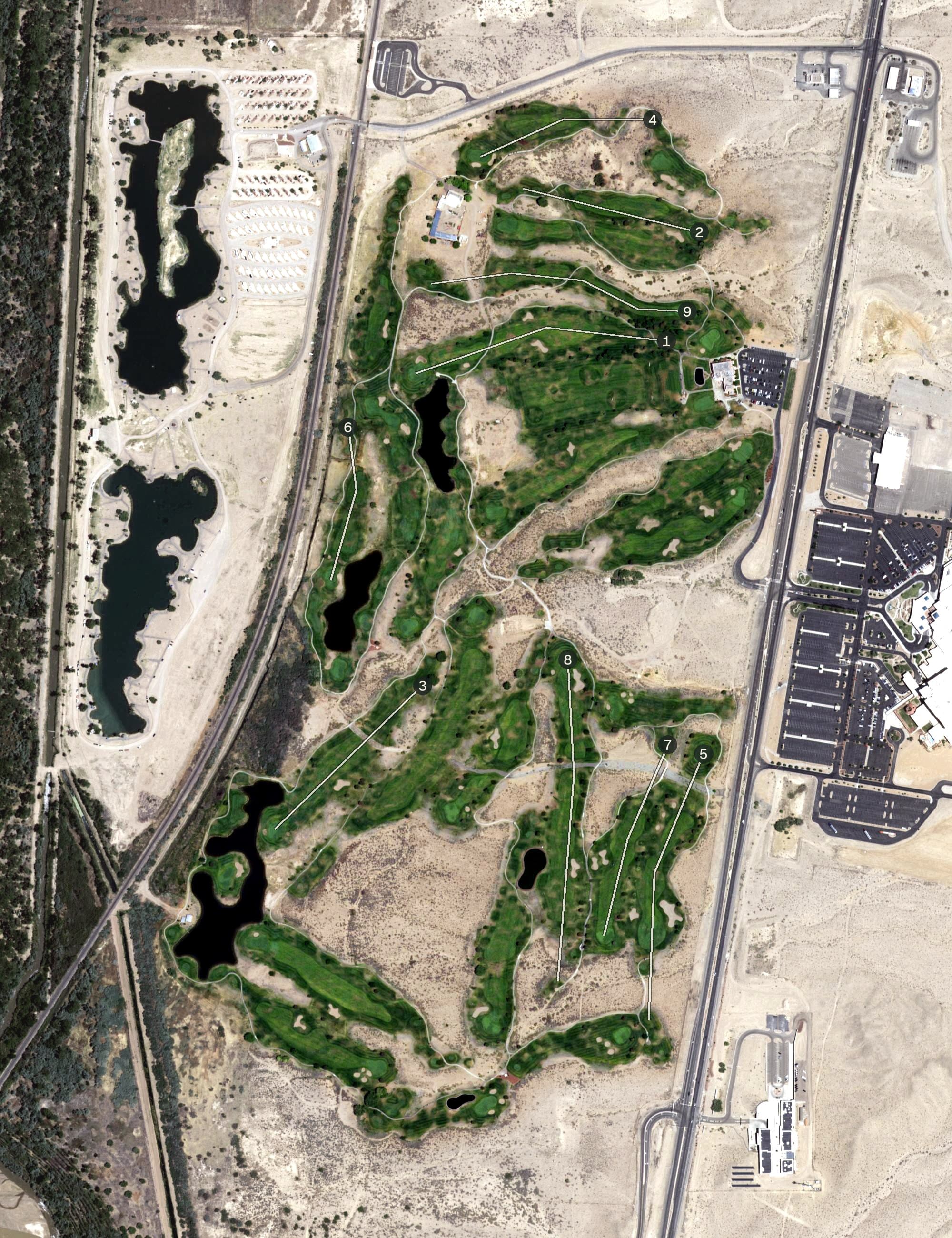 Aerial view of Isleta Eagle Golf Course, NM, with its hole routing marked
